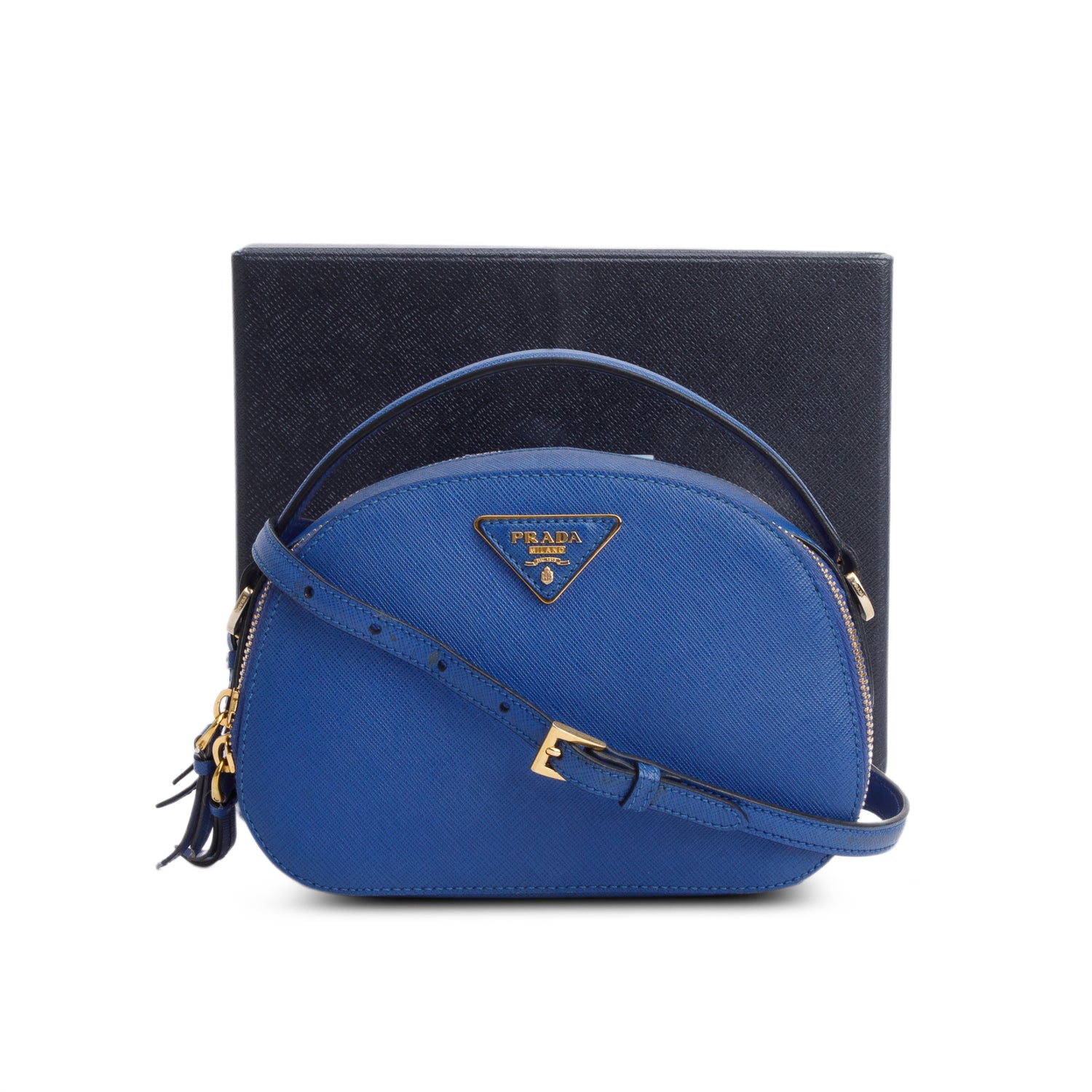 Prada Blue Saffiano Lux Leather Odette Bag w/ Box, Strap & Authenticity Card