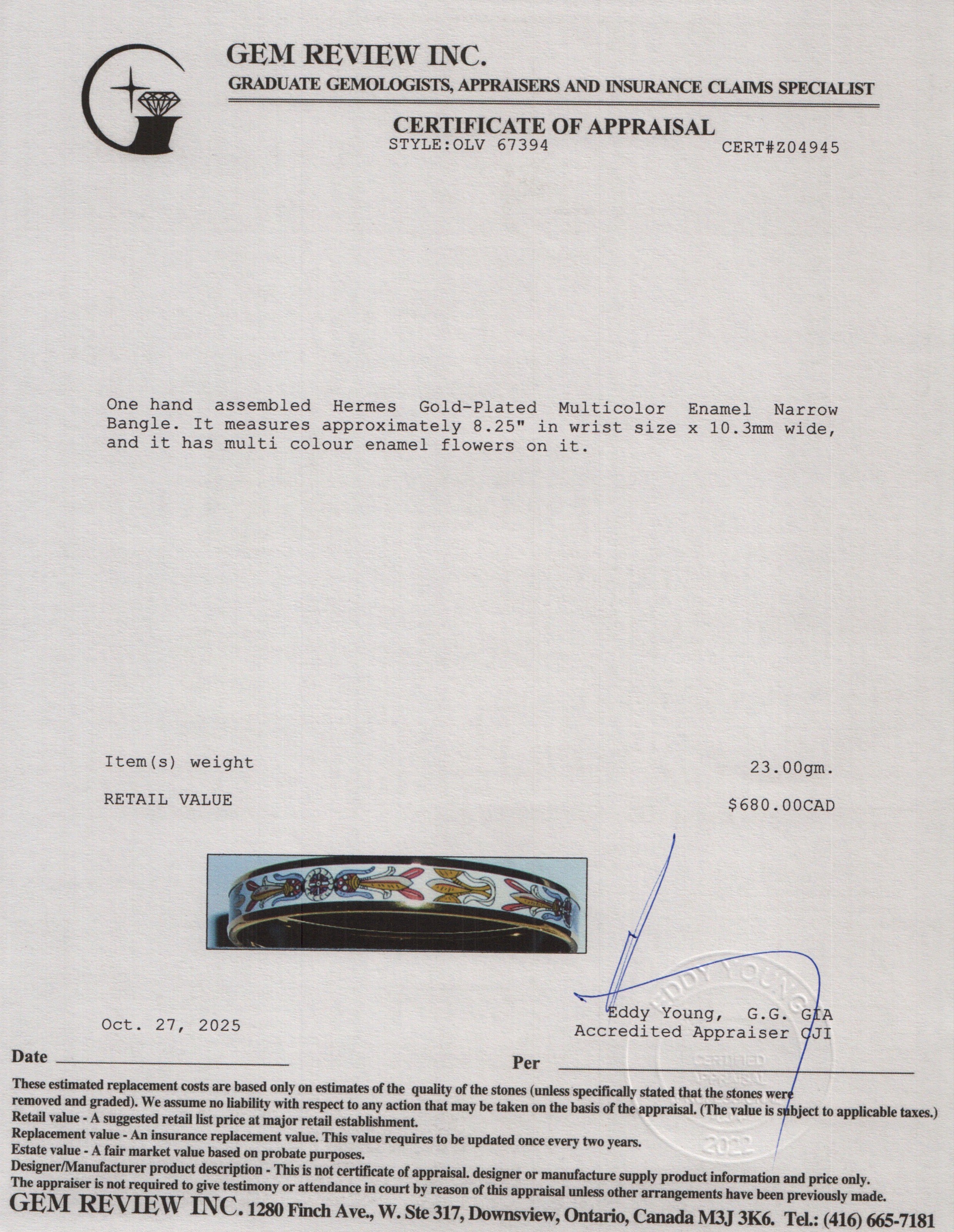 Hermes Gold-Plated Multicolor Enamel Narrow Bangle w/ Box