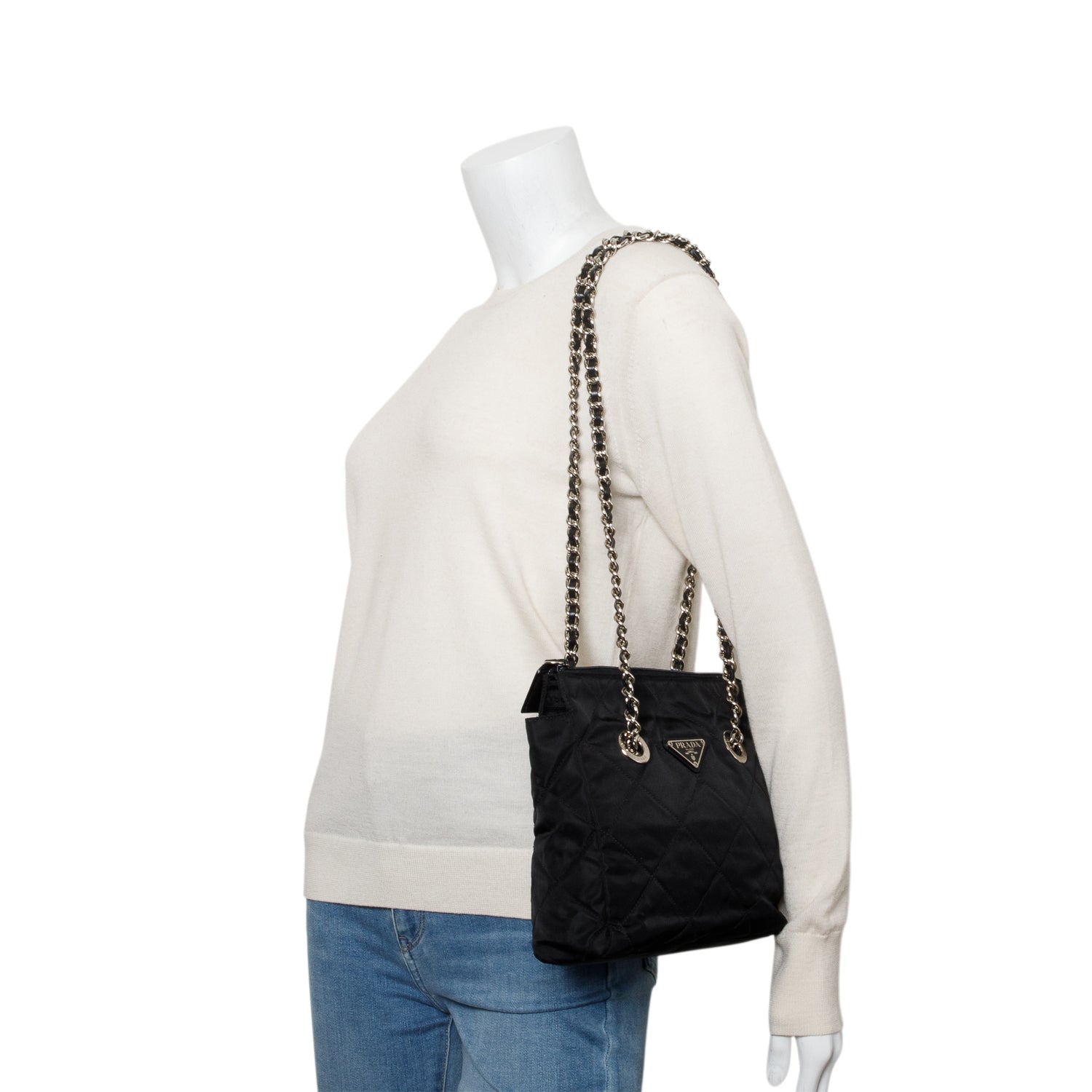 Prada Black Tessuto Nylon Quilted Chain Tote w/ Authenticity Card