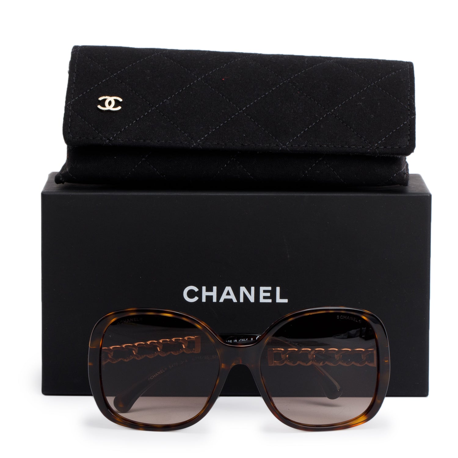 Chanel 5470QA Havana Lambskin Acetate Chain Square Sunglasses w/ Box & Case