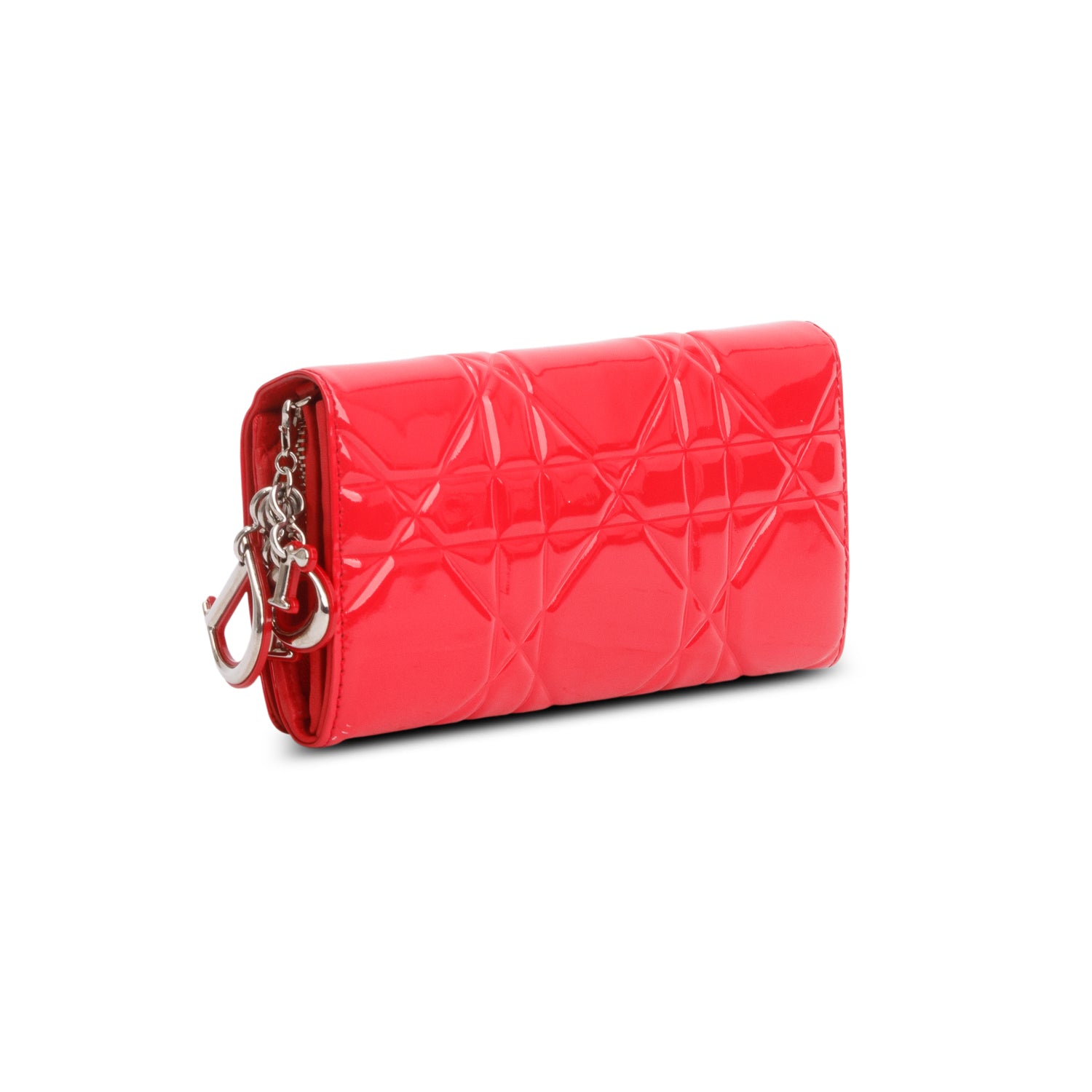 Christian Dior Red Patent Cannage Leather Lady Dior Rendezvous Wallet on Chain w/ Box