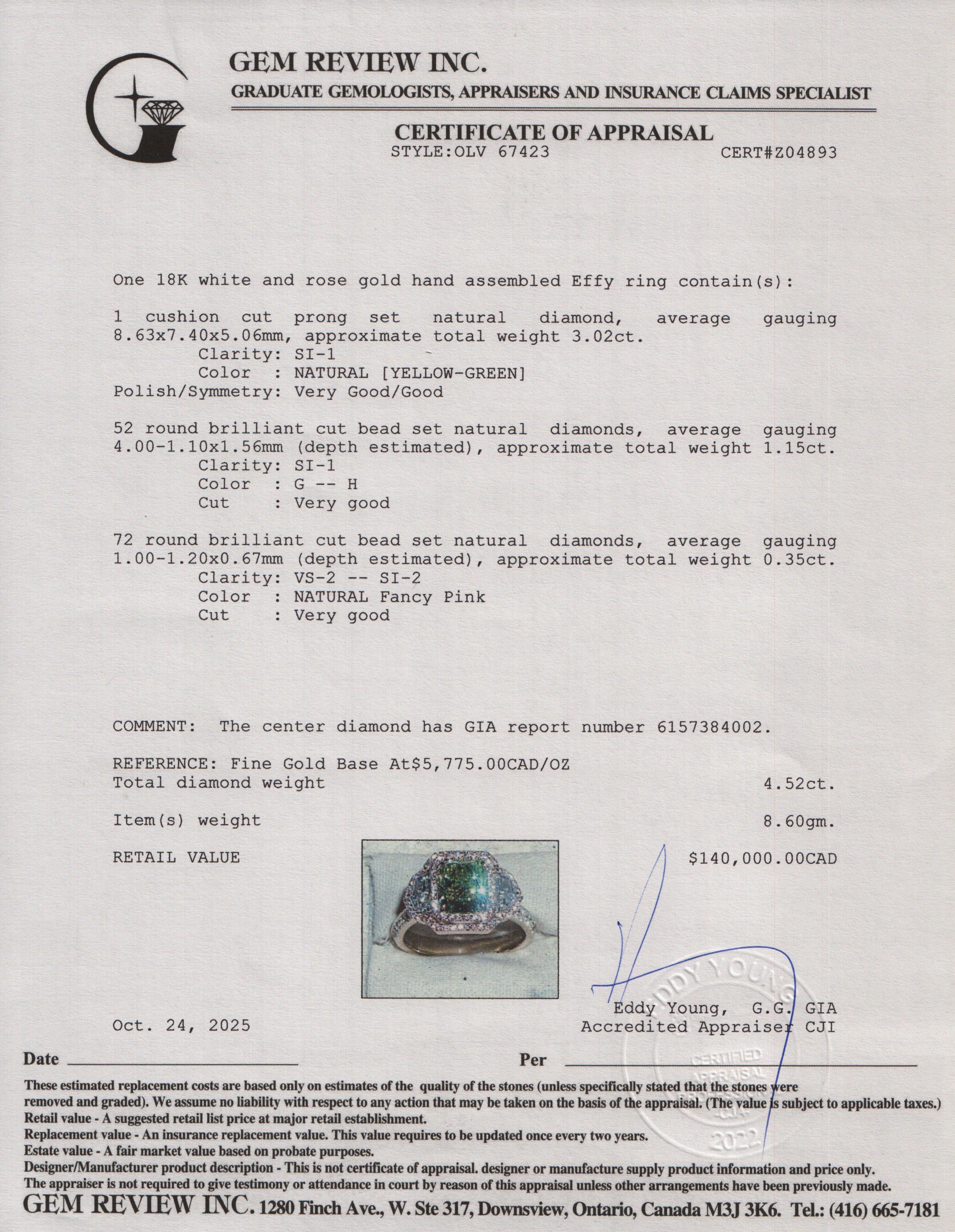 Effy 2023 14k White and Rose Gold 3.02 ct. Cushion Shaped Natural Green Diamond Cocktail Ring, Size 9.25 w/ Box, Receipt & GIA Report