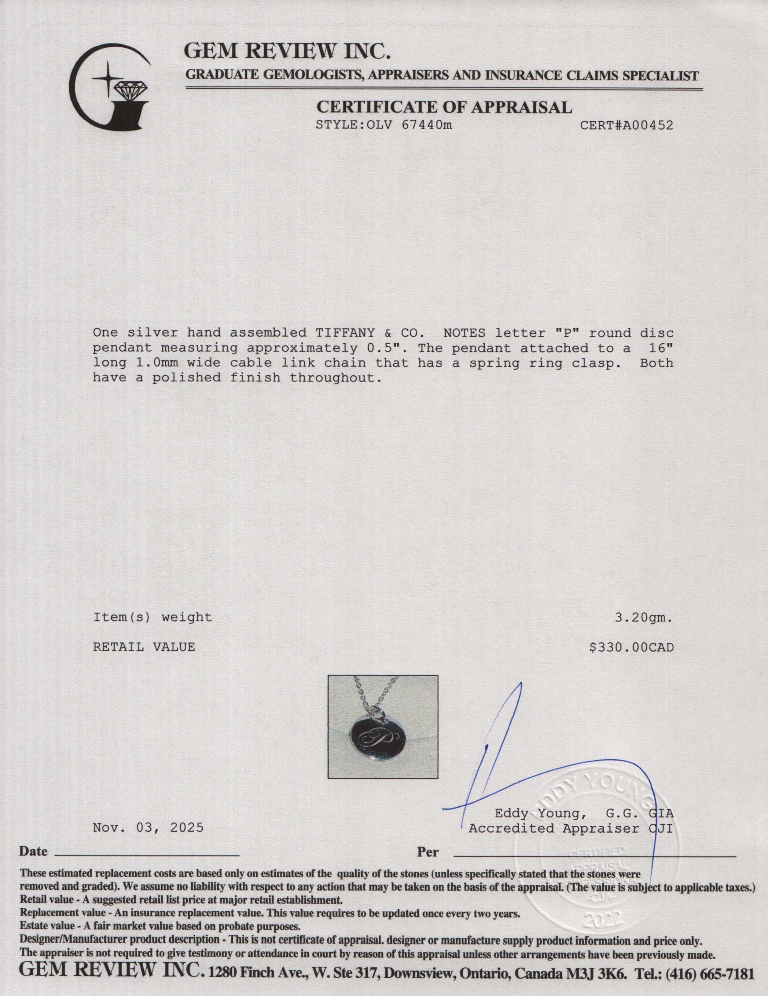 Tiffany & Co. Sterling Silver Notes Letter 'P' Disc Charm Pendant Necklace