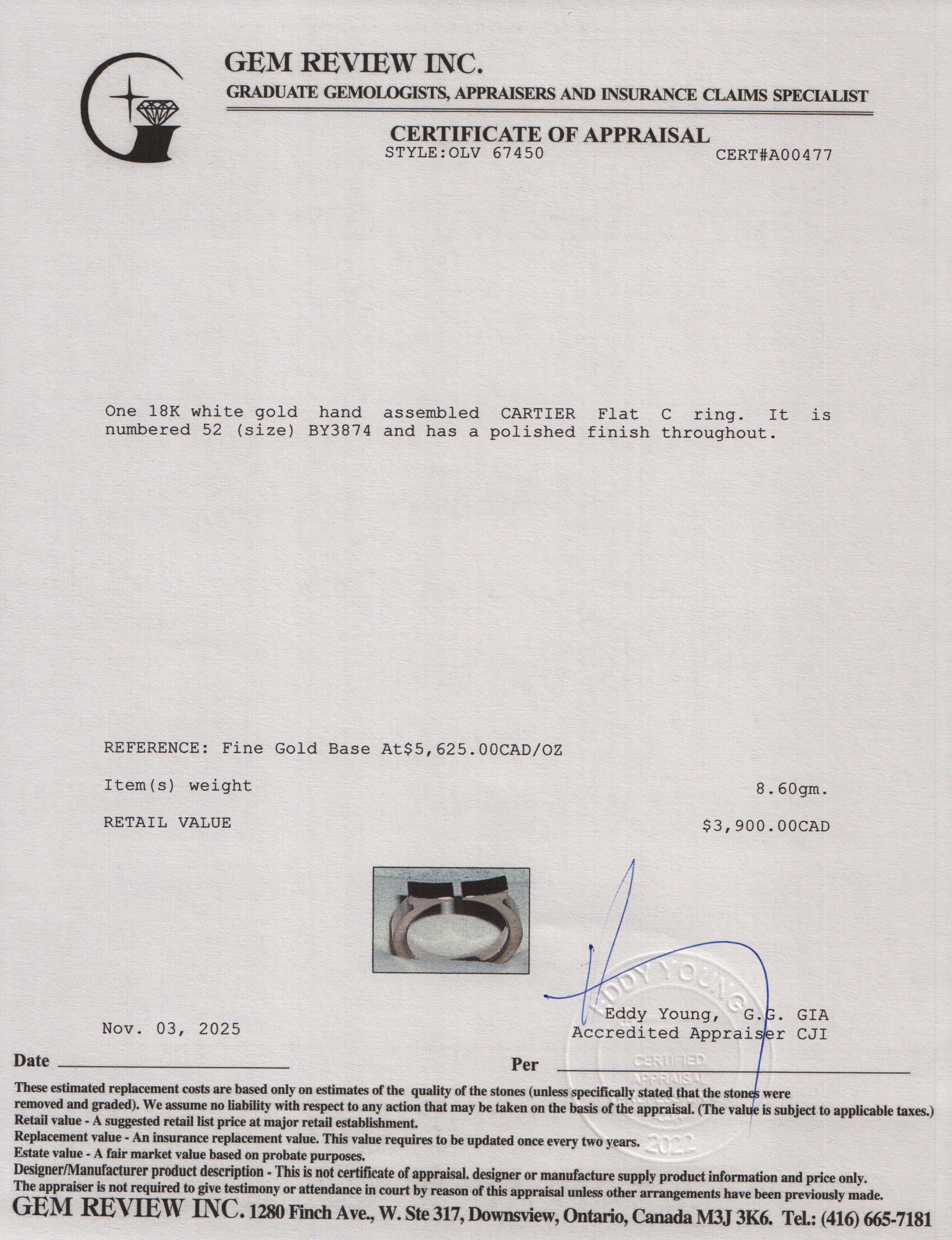 Cartier 18k White Gold Flat C Ring, Size 52 6