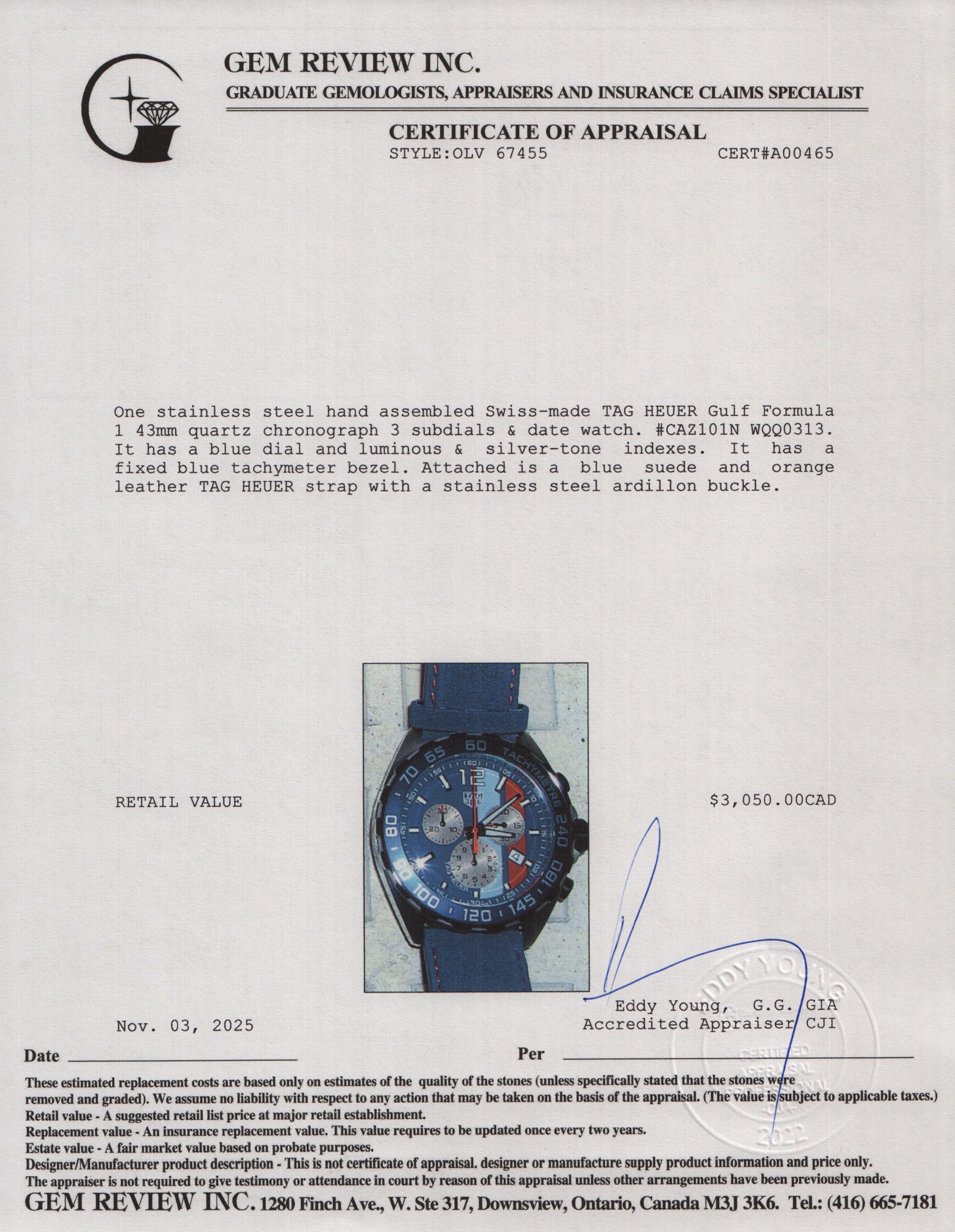 Tag Heuer Stainless Steel Gulf Formula 1 43 MM Quartz Chronograph Watch Blue Dial CAZ101N w/ Box & Papers