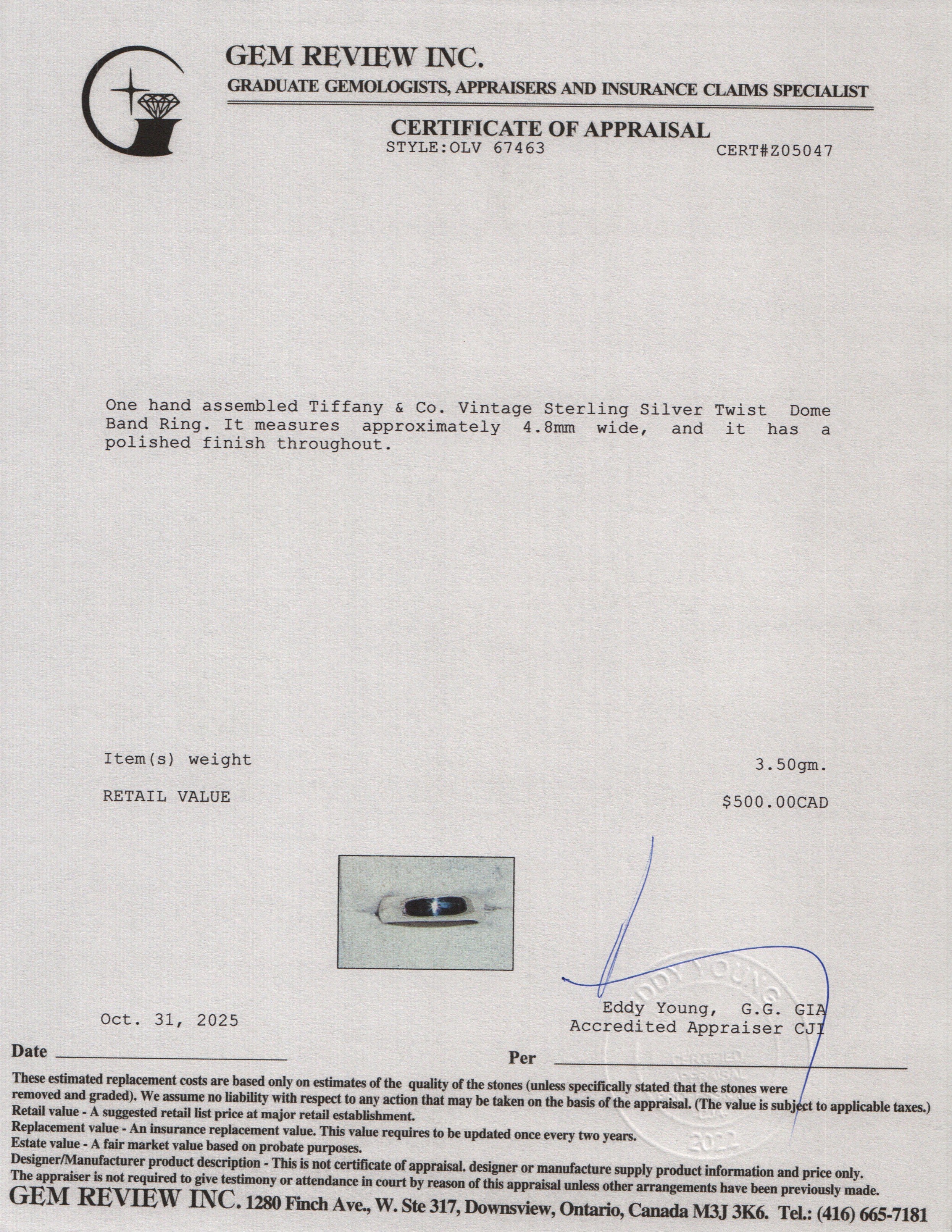 Tiffany & Co. Vintage Sterling Silver Twist Dome Band Ring, Size 5.0