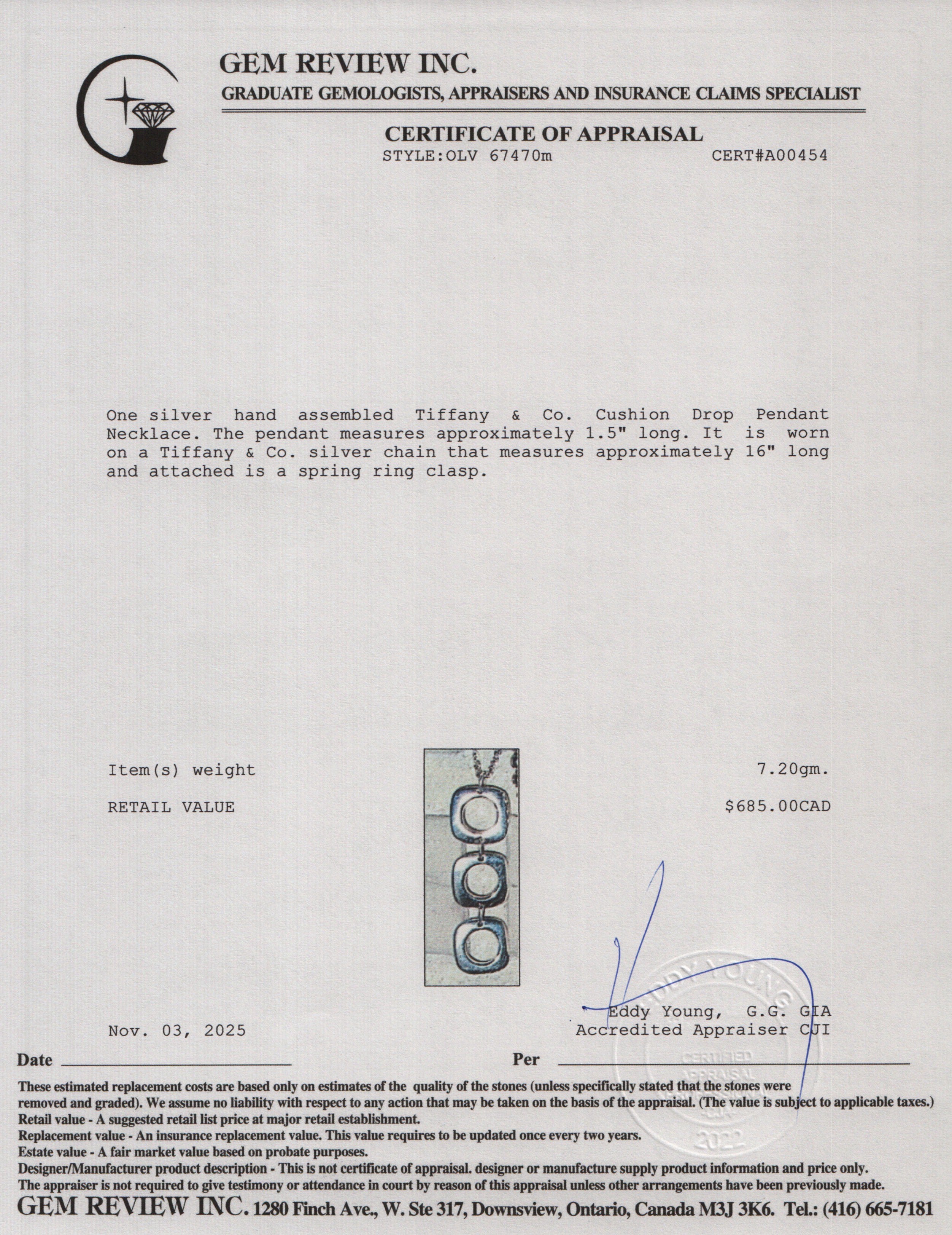 Tiffany & Co. Sterling Silver Cushion Drop Pendant Necklace