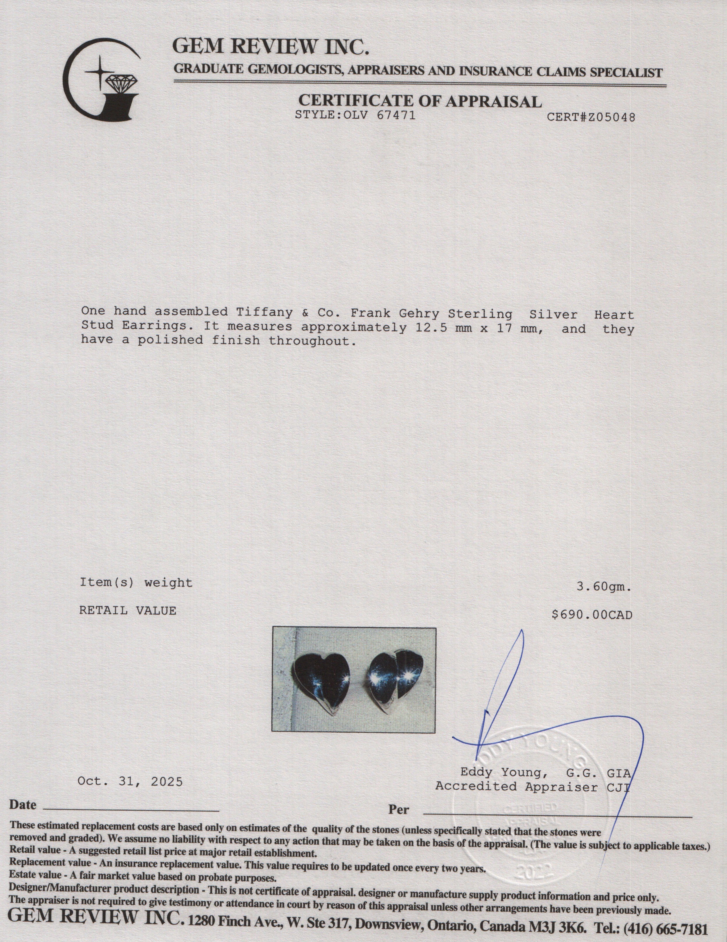 Tiffany & Co. Frank Gehry Sterling Silver Heart Stud Earrings
