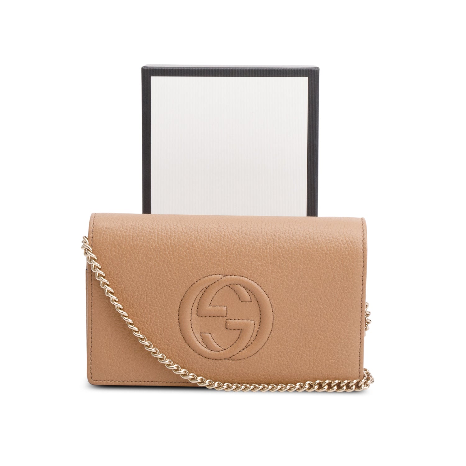 Gucci Brown Pebbled Calfskin Soho Wallet on Chain w/ Box