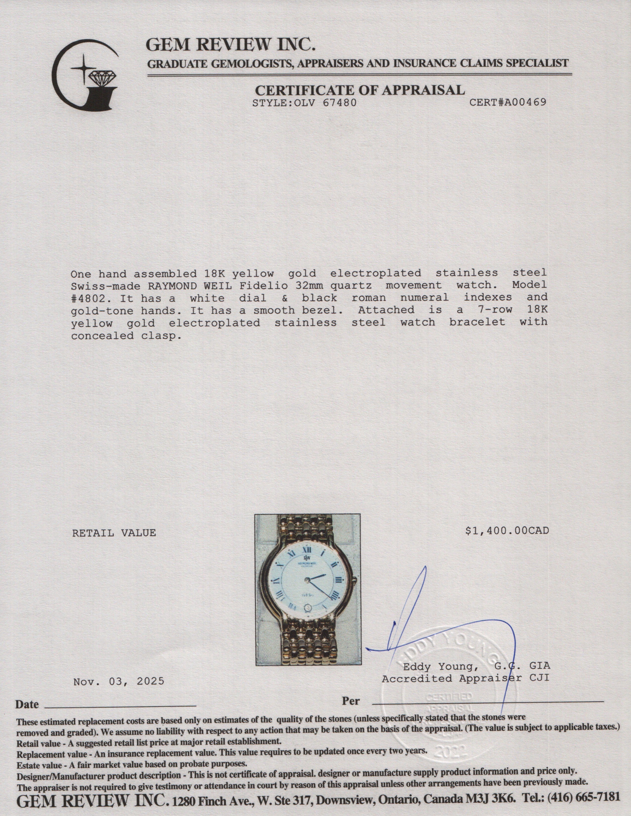 Raymond Weil 18k Yellow Gold Electroplated Stainless Steel Fidelio 32 MM Quartz Watch White Dial 4820