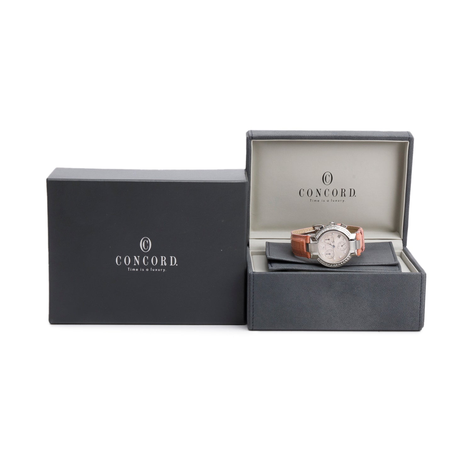 Concord Stainless Steel Diamond Bezel La Scala 38 MM Quartz Chronograph Watch Silver Diamond Dial w/ Box