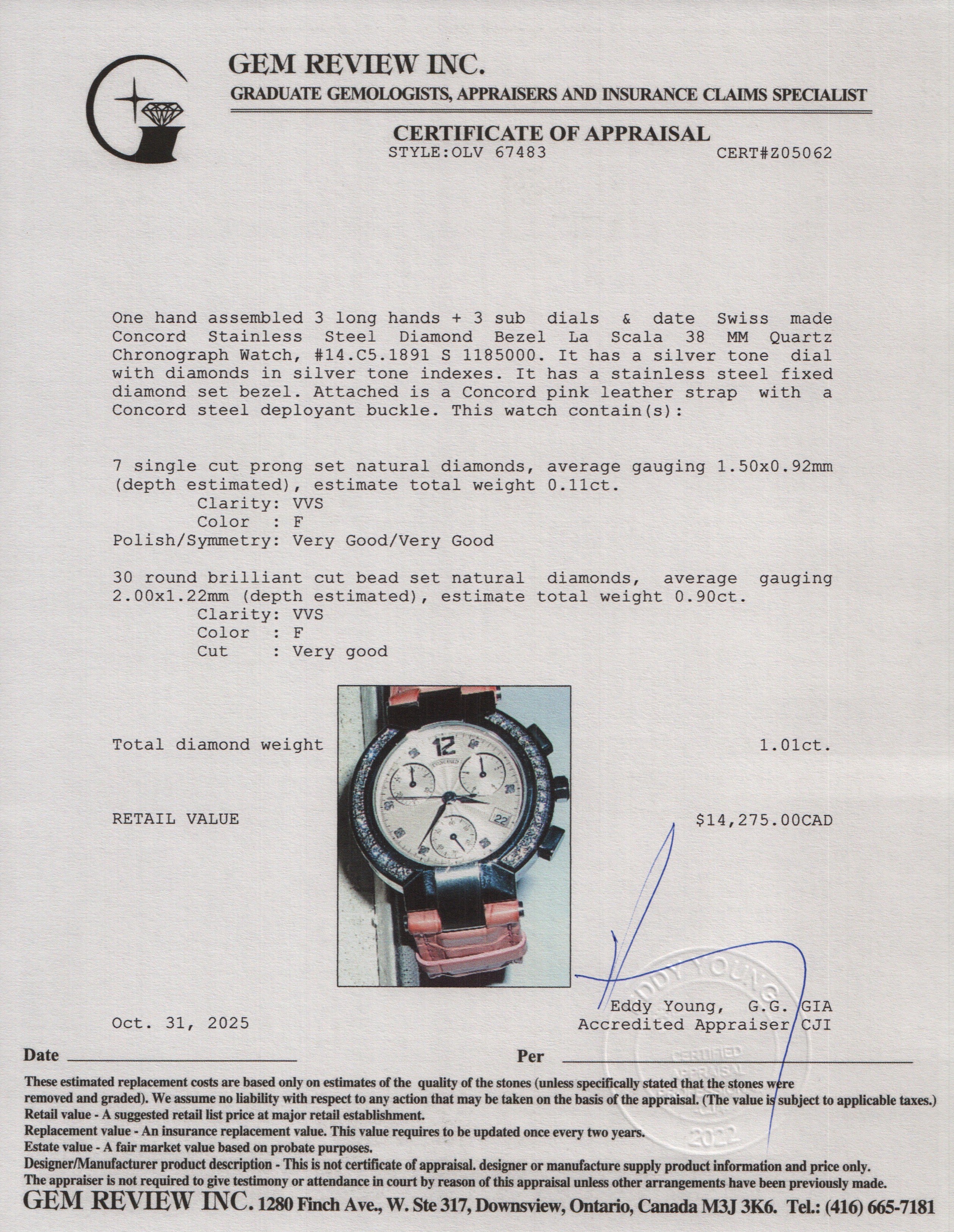 Concord Stainless Steel Diamond Bezel La Scala 38 MM Quartz Chronograph Watch Silver Diamond Dial w/ Box