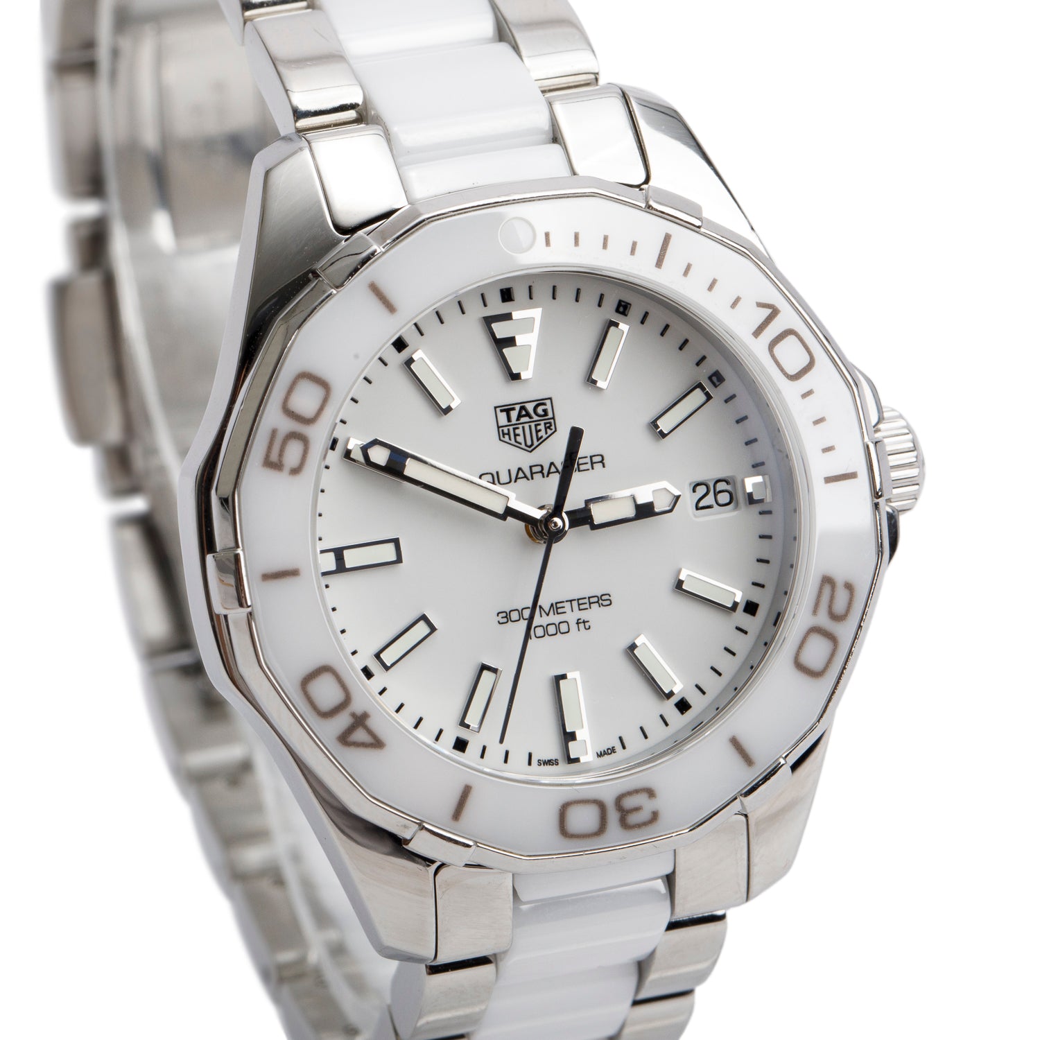 Tag Heuer Stainless Steel & White Ceramic Aquaracer 35 MM Quartz Watch WAY131B w/ Box & Papers