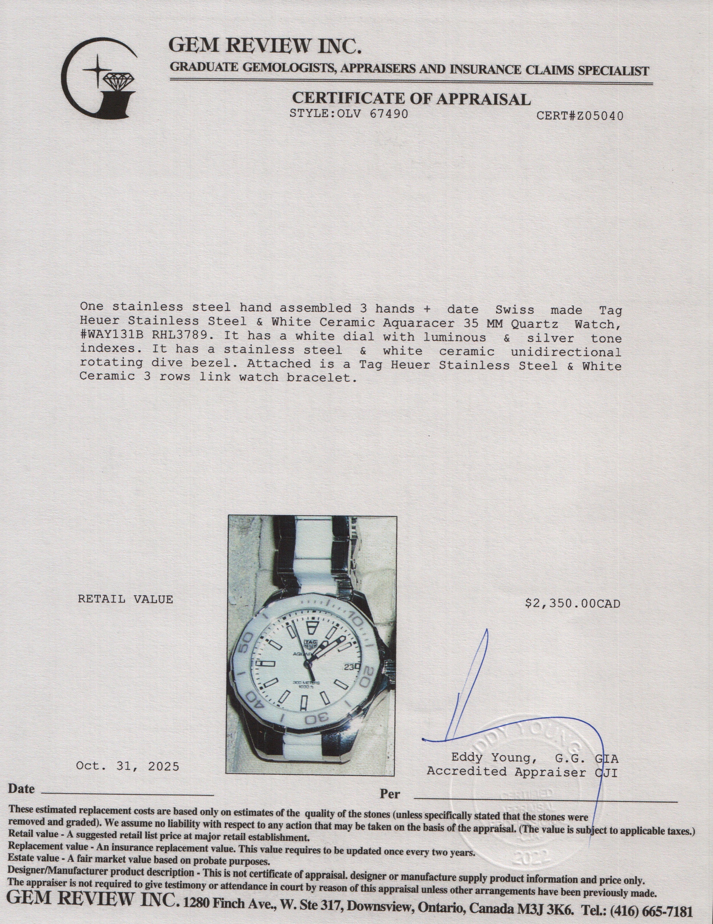 Tag Heuer Stainless Steel & White Ceramic Aquaracer 35 MM Quartz Watch WAY131B w/ Box & Papers