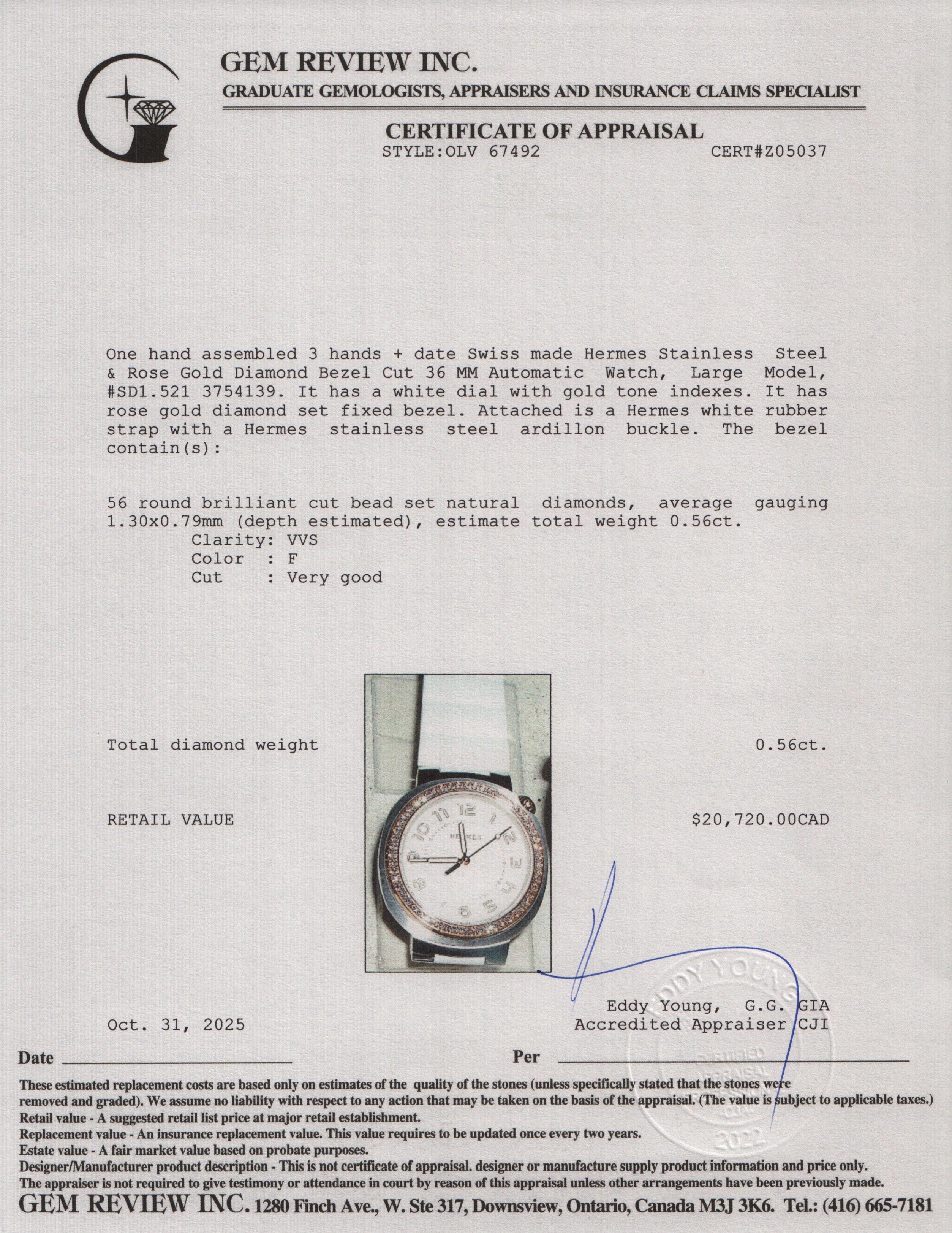 Hermes Stainless Steel & Rose Gold Diamond Bezel Cut 36 MM Automatic Watch, Large Model