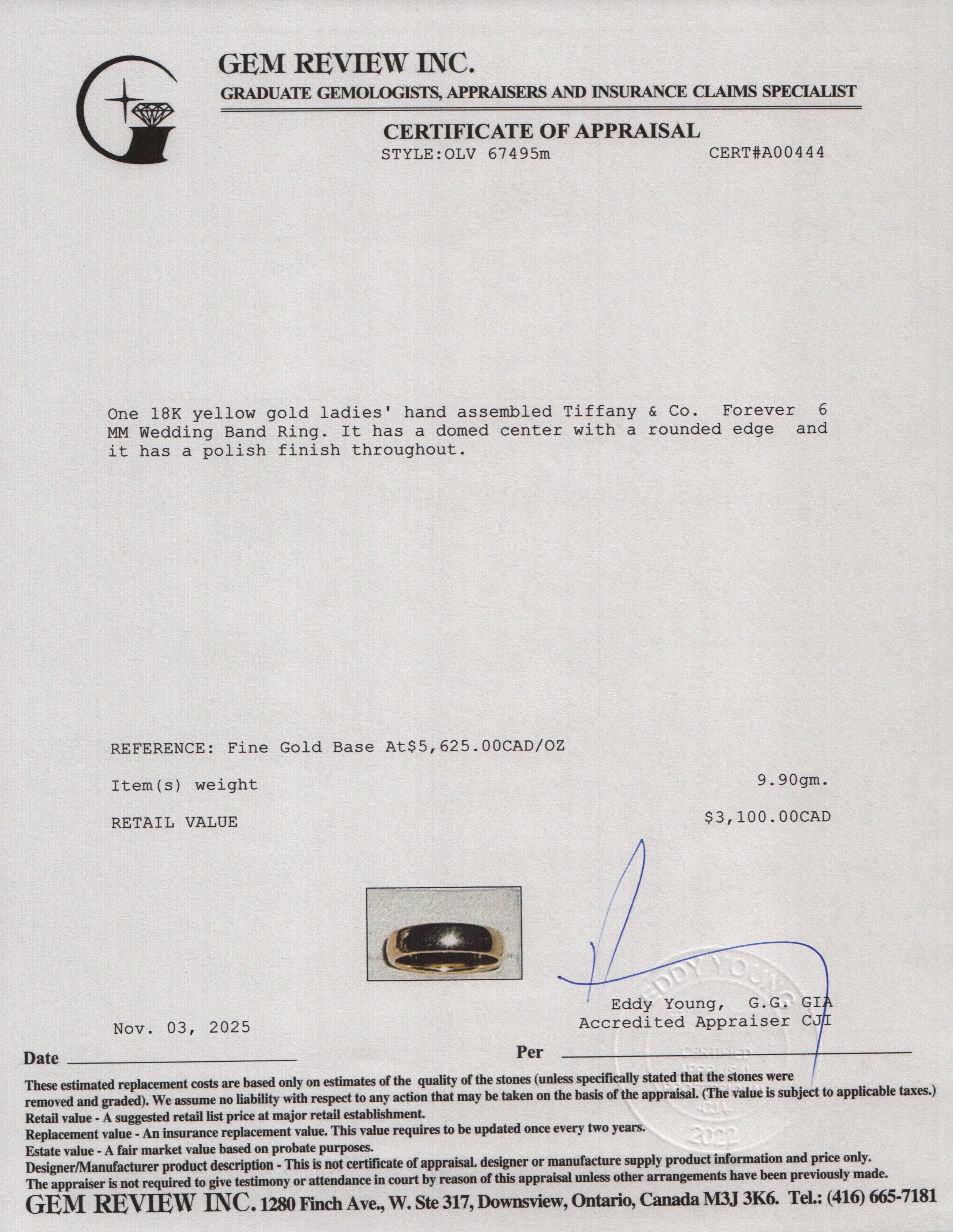 Tiffany & Co. 18k Yellow Gold Forever 6 MM Wedding Band Ring, Size 9.25 w/ Box