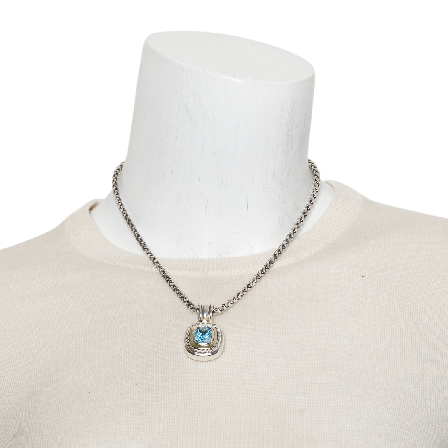 David Yurman Sterling Silver & 14k Yellow Gold Blue Topaz Enhancer Pendant Necklace