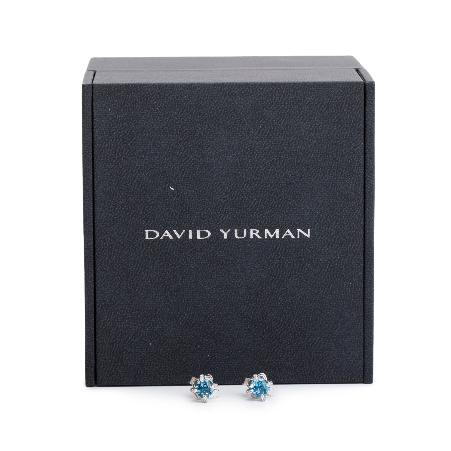 David Yurman Sterling Silver & 14k Gold Blue Topaz & Diamond Chatelaine Earrings, 6 MM w/ Box