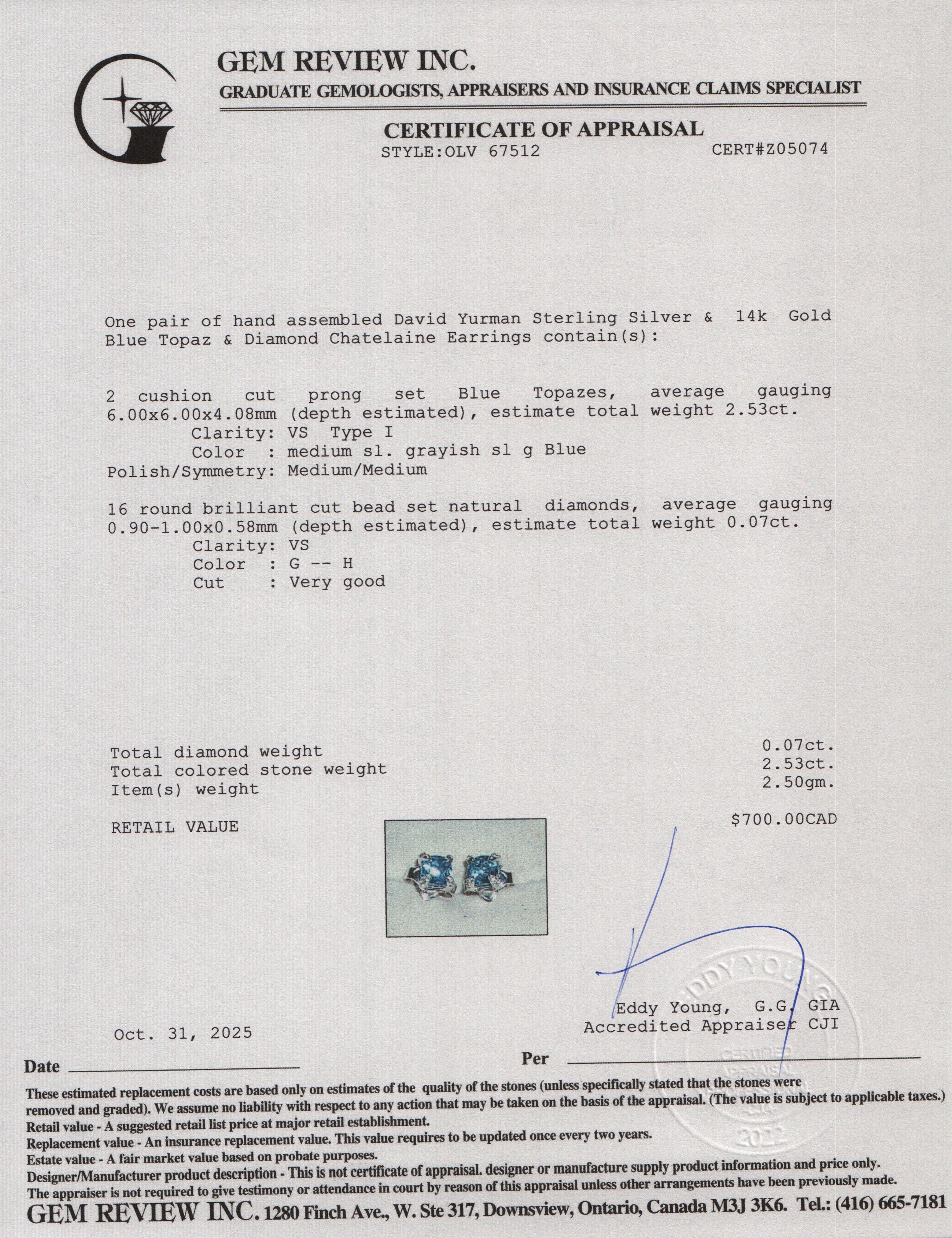 David Yurman Sterling Silver & 14k Gold Blue Topaz & Diamond Chatelaine Earrings, 6 MM w/ Box