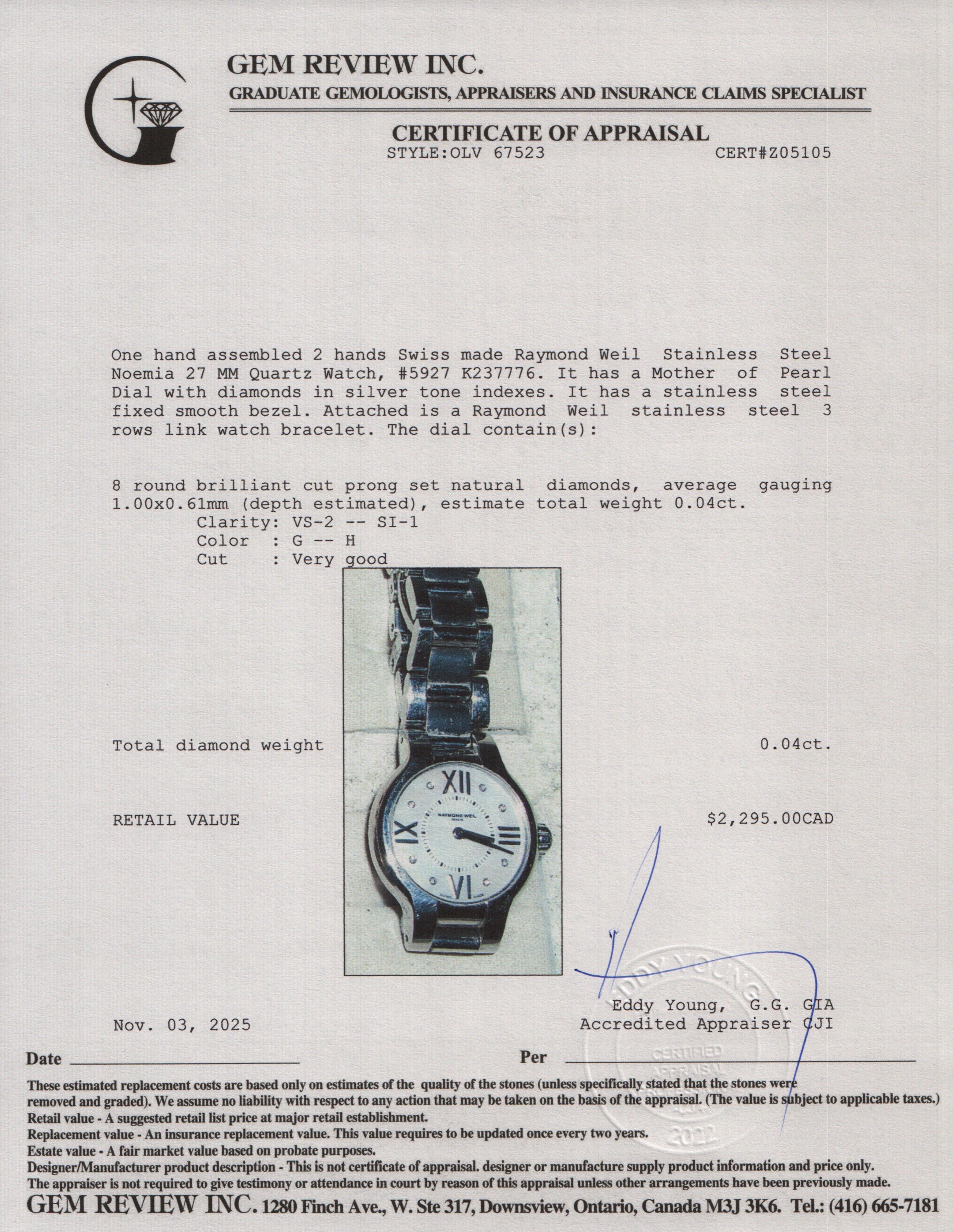 Raymond Weil Stainless Steel Noemia 27 MM Quartz Watch Mother of Pearl Diamond Dial 5927 w/ Box & Papers