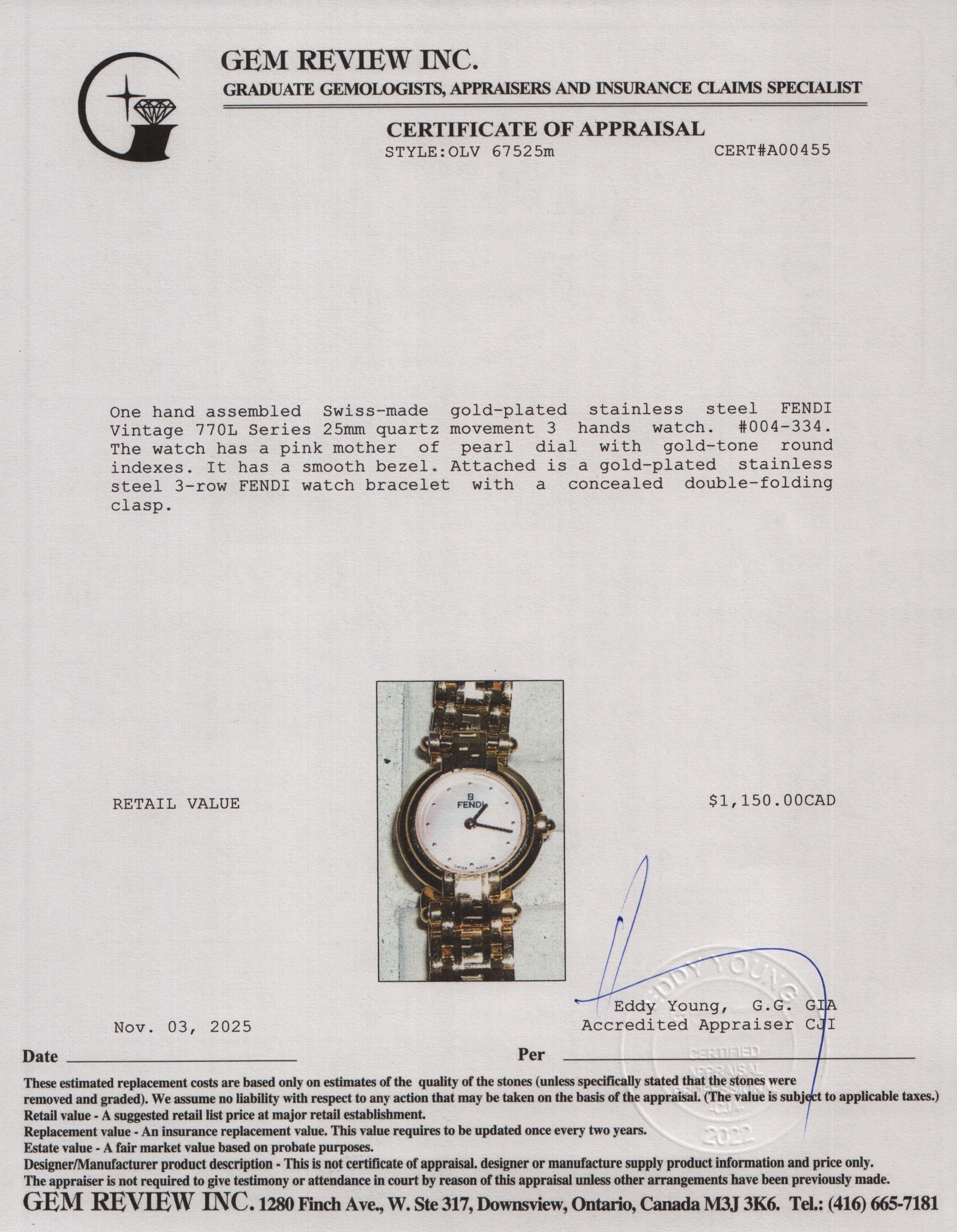 Fendi Gold-Plated Stainless Steel 770L Series 25 MM Quartz Watch Mother of Pearl Dial