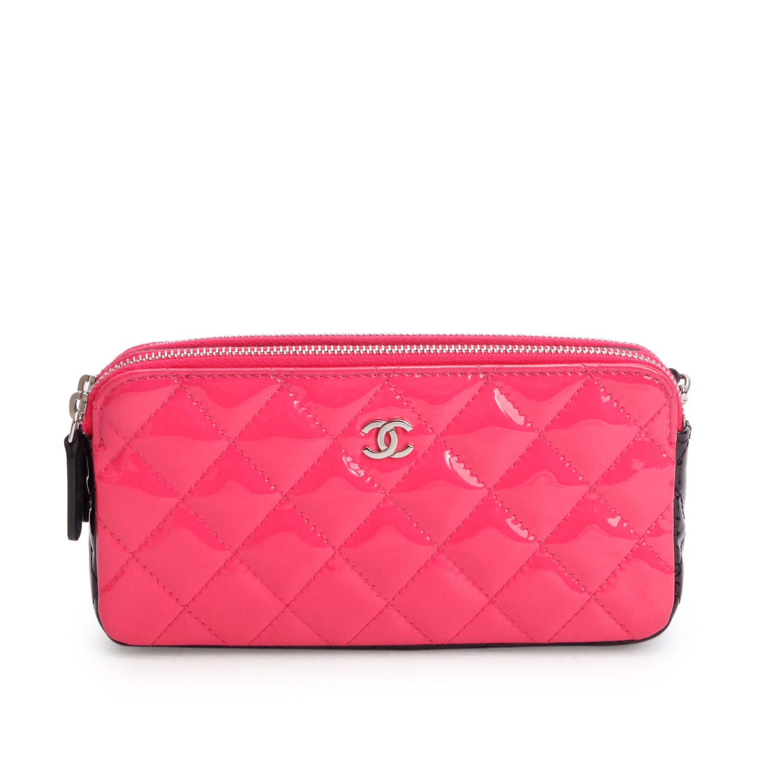 Chanel Pink/Black Patent Leather Quilted Diamond Small CC Double Zip Clutch w/ Chain & Receipt