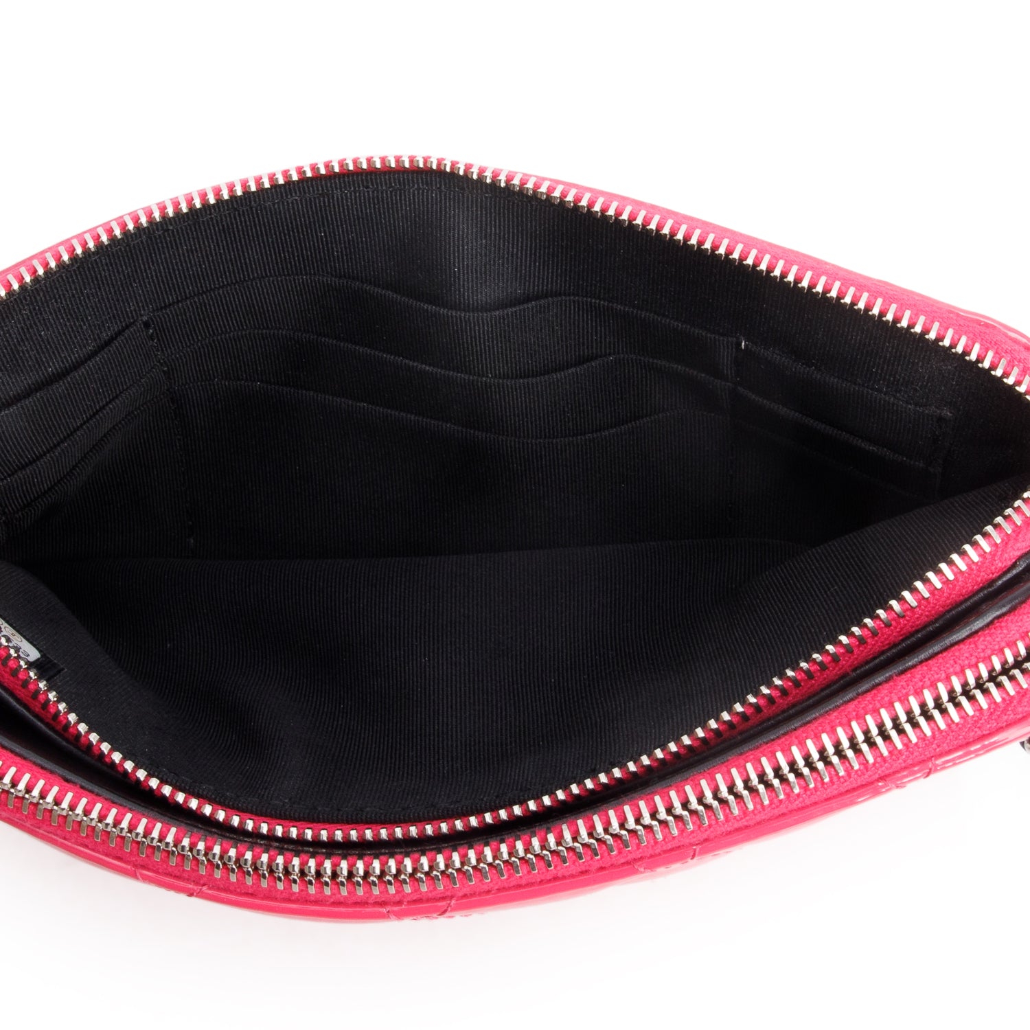 Chanel Pink/Black Patent Leather Quilted Diamond Small CC Double Zip Clutch w/ Chain & Receipt