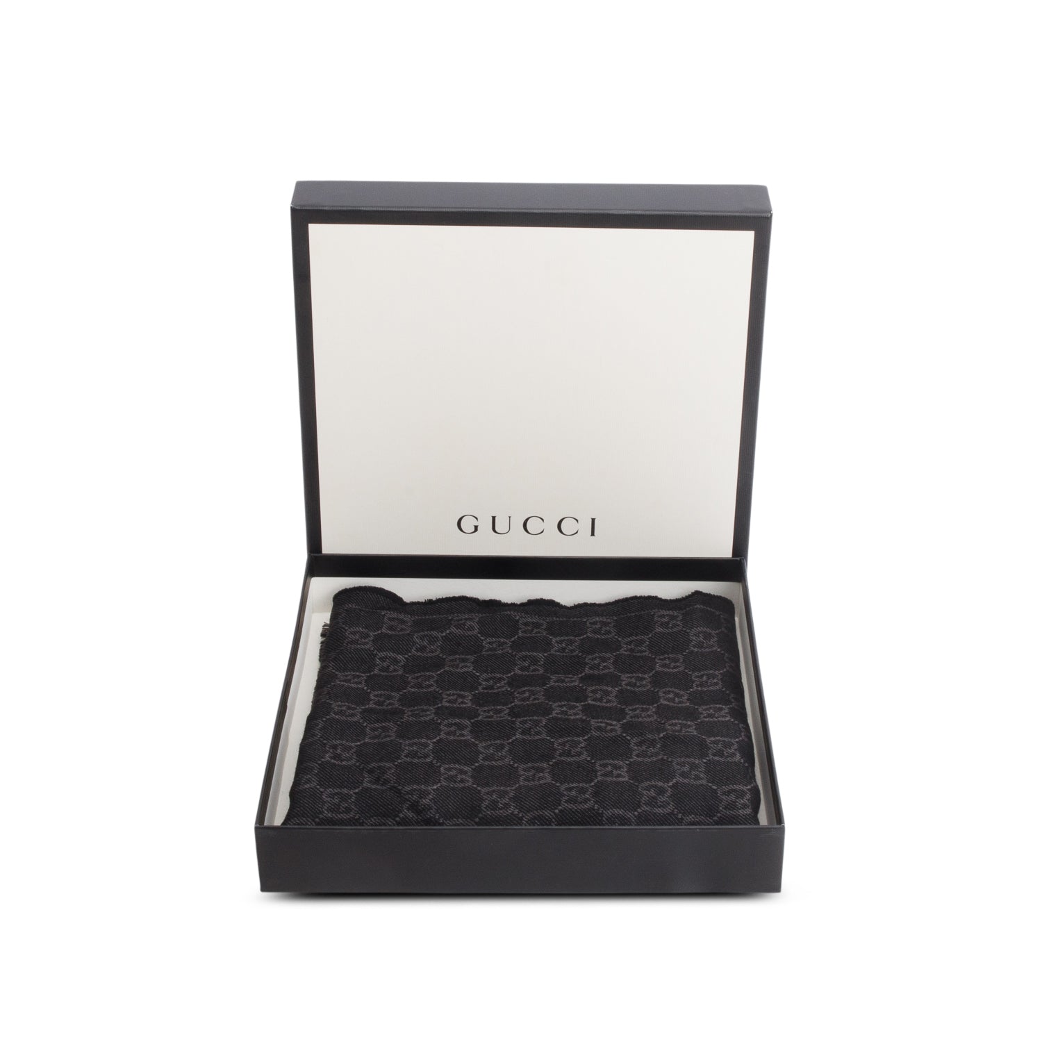 Gucci Black/Grey Wool GG Monogram Fringe Scarf w/ Box