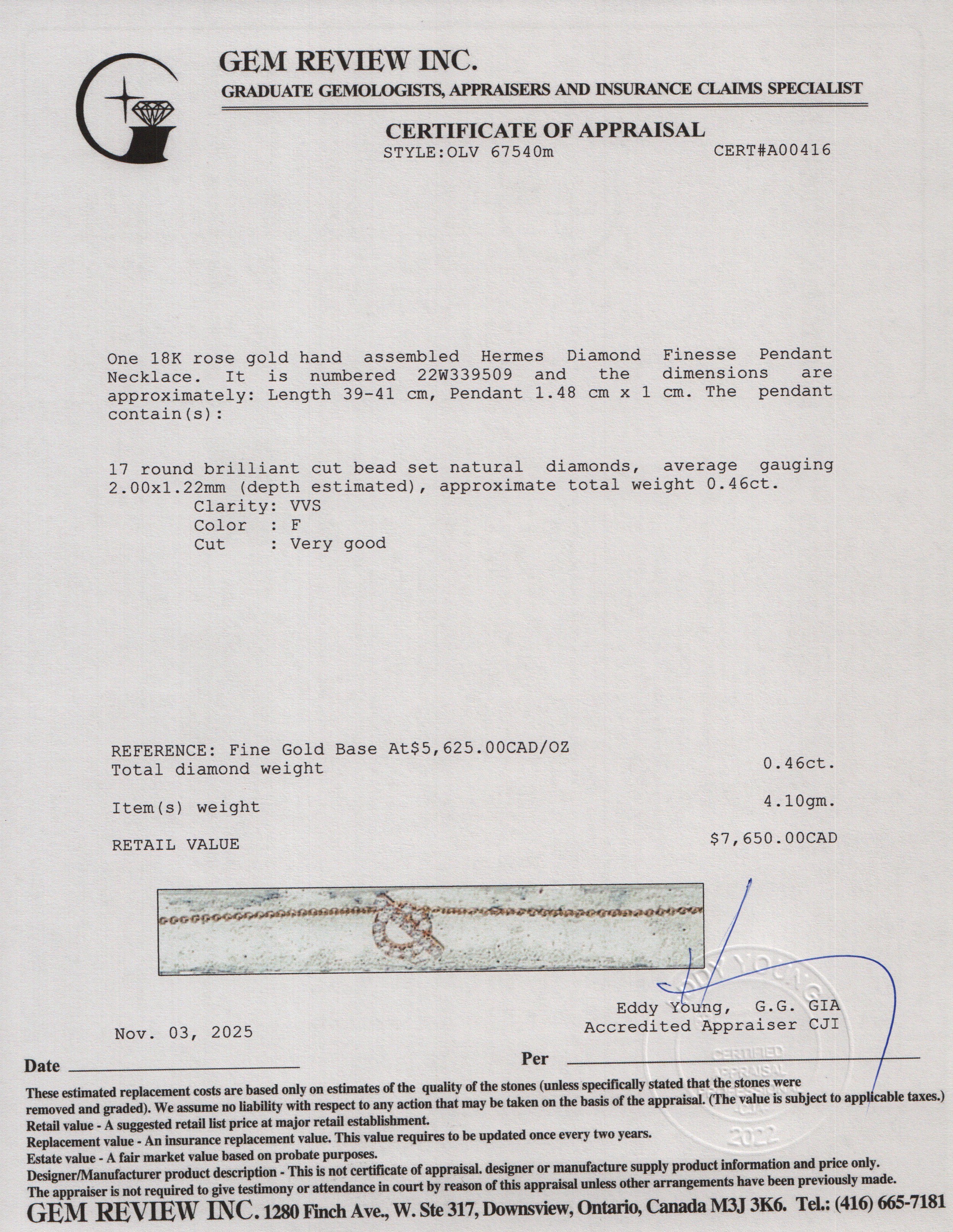 Hermes 18k Rose Gold Diamond Finesse Pendant Necklace