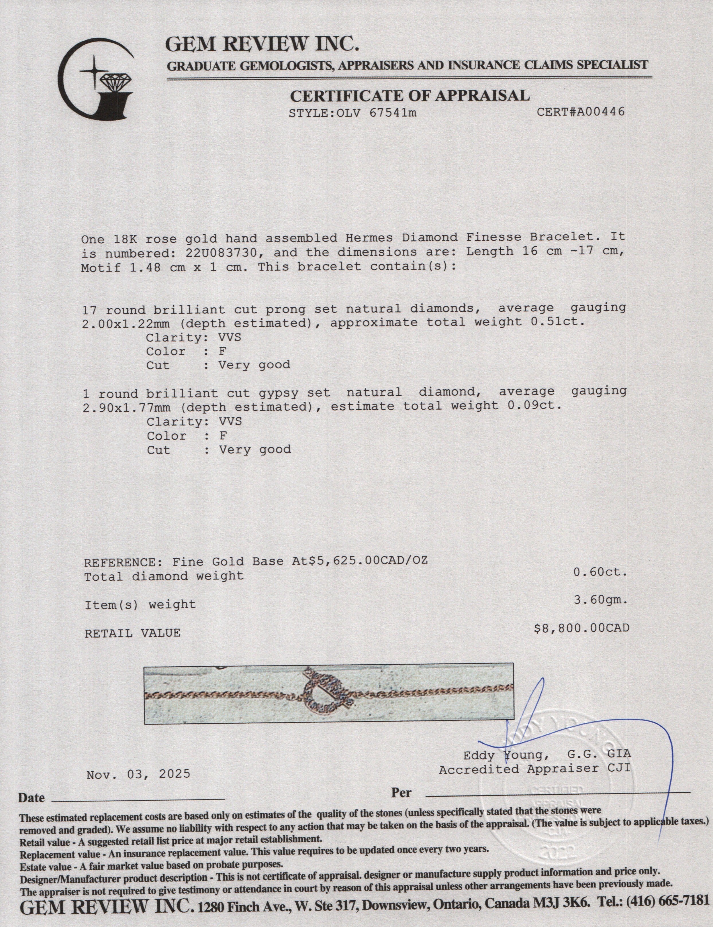 Hermes 18k Rose Gold Diamond Finesse Bracelet