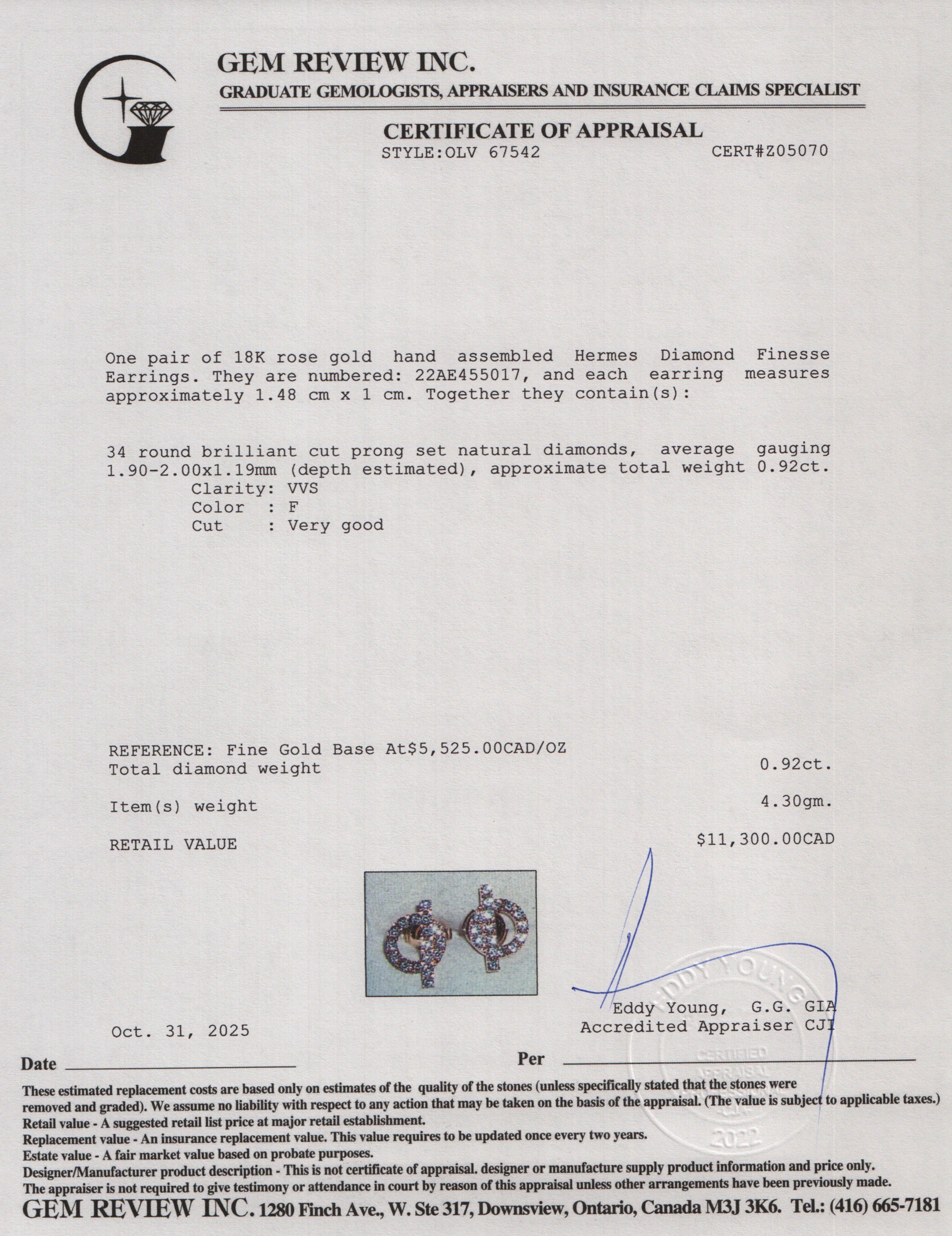 Hermes 18k Rose Gold Diamond Finesse Earrings