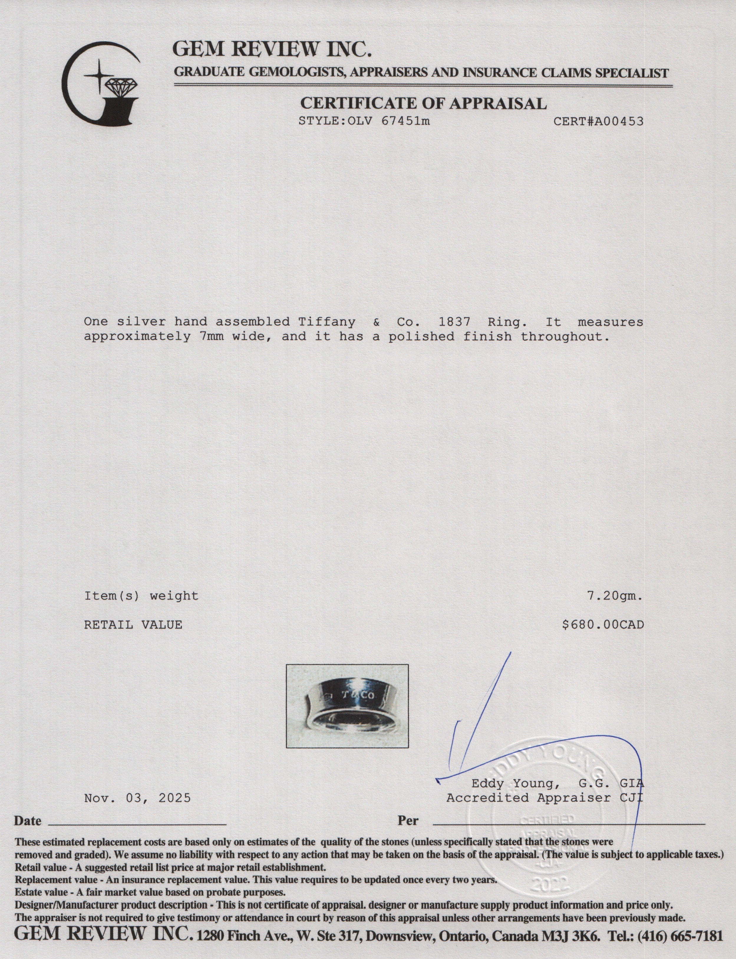 Tiffany & Co. Sterling Silver 1837 Ring, Size 5.75