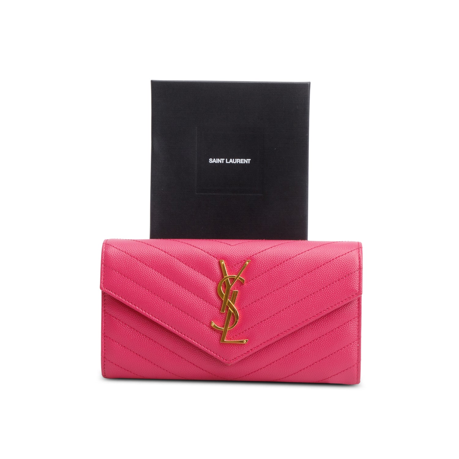 Saint Laurent 2021 Pink Grain de Poudre Cassandre Matelasse Large Flap Wallet w/ Box