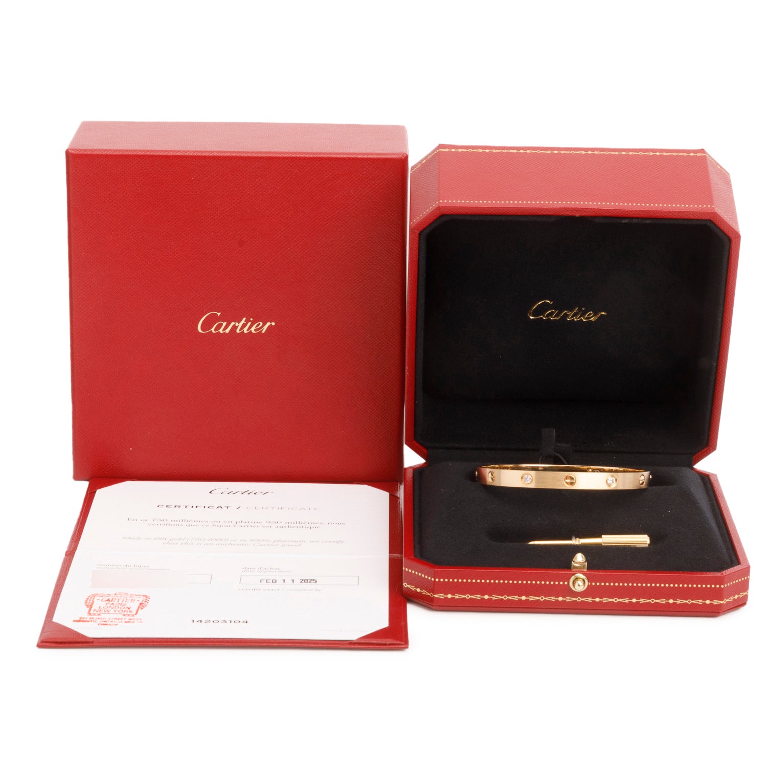 Cartier 2025 18k Brushed Yellow Gold Love Bracelet with 4 Diamonds, Size 18 w/ Box, Receipt & Certificate