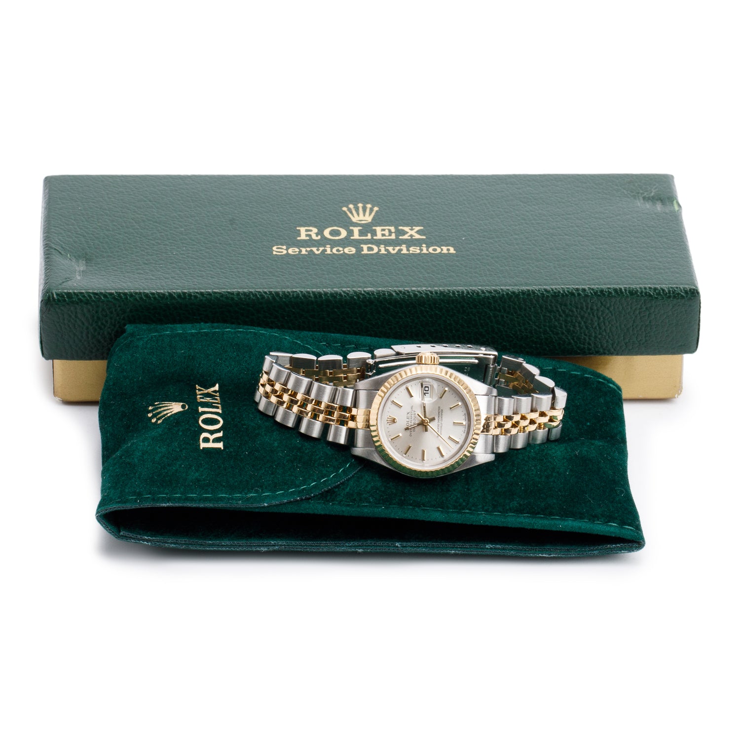 Rolex Stainless Steel & 18k Yellow Gold Datejust 26 MM Watch Silver Dial 69173 w/ Service Box