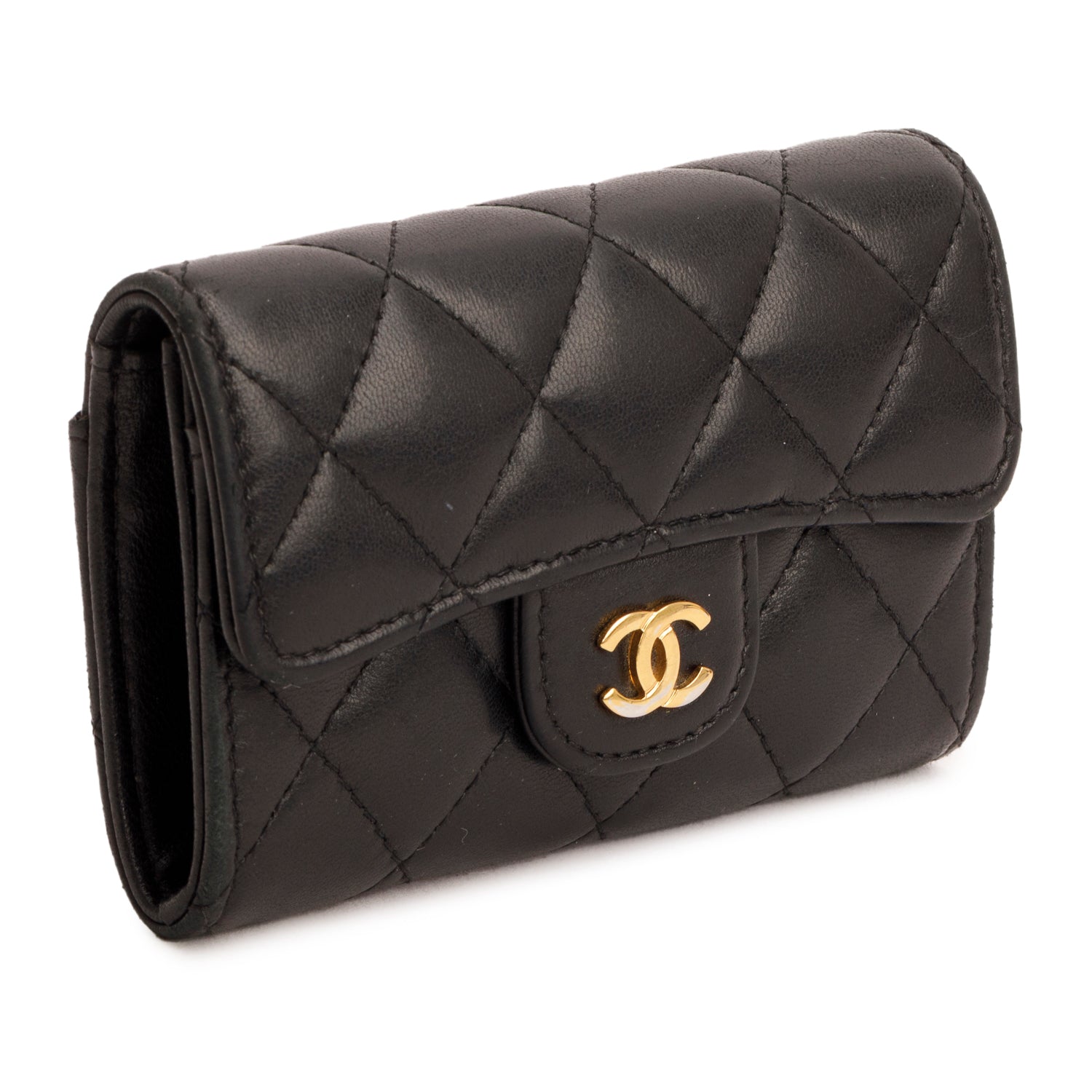 Chanel Black Lambskin Quilted Flap Card Holder w/ Box
