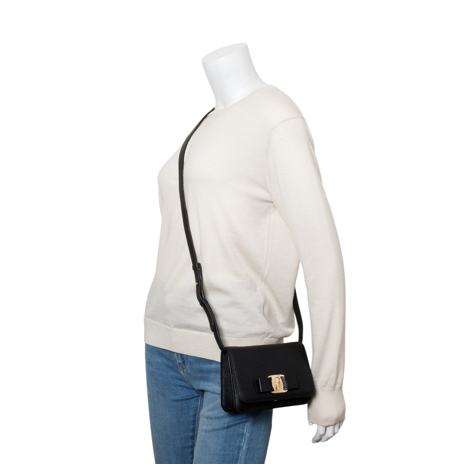 Ferragamo Black Pebbled Leather Vara Bow Crossbody Bag