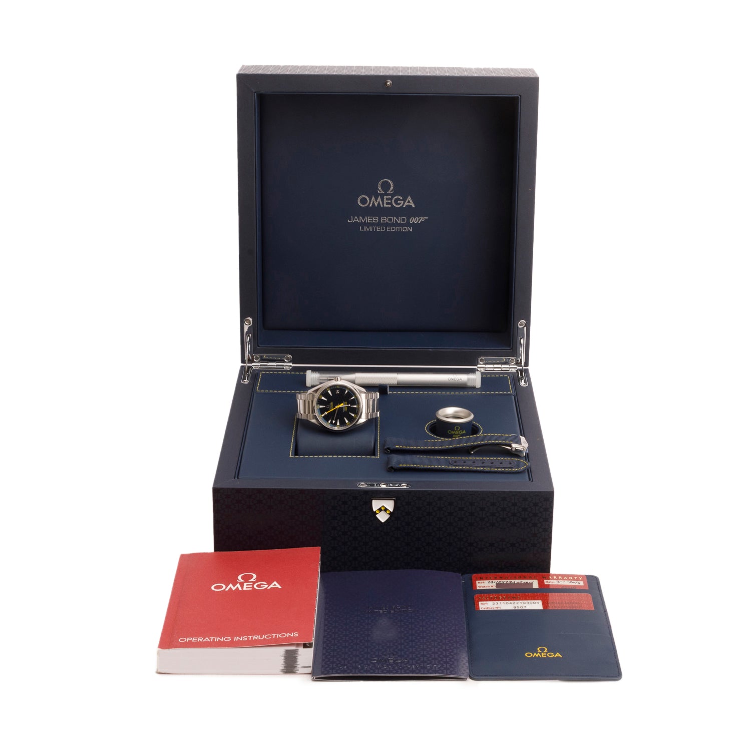 Omega Stainless Steel Limited Edition James Bond Seamaster Aqua Terra Master Co-Axial Chronometer 41.5 MM Automatic Watch Blue Dial w/ Box, Papers & Extra Strap