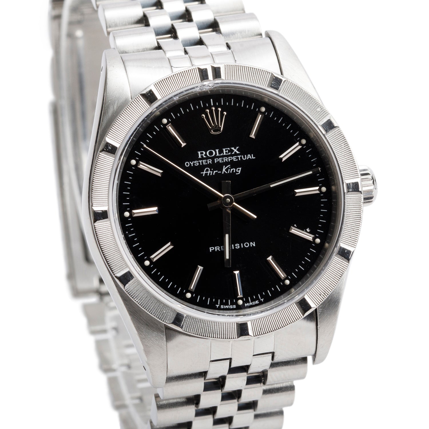 Rolex Stainless Steel Oyster Perpetual Engine Turned Bezel Air King 34 MM Watch Black Dial 14010