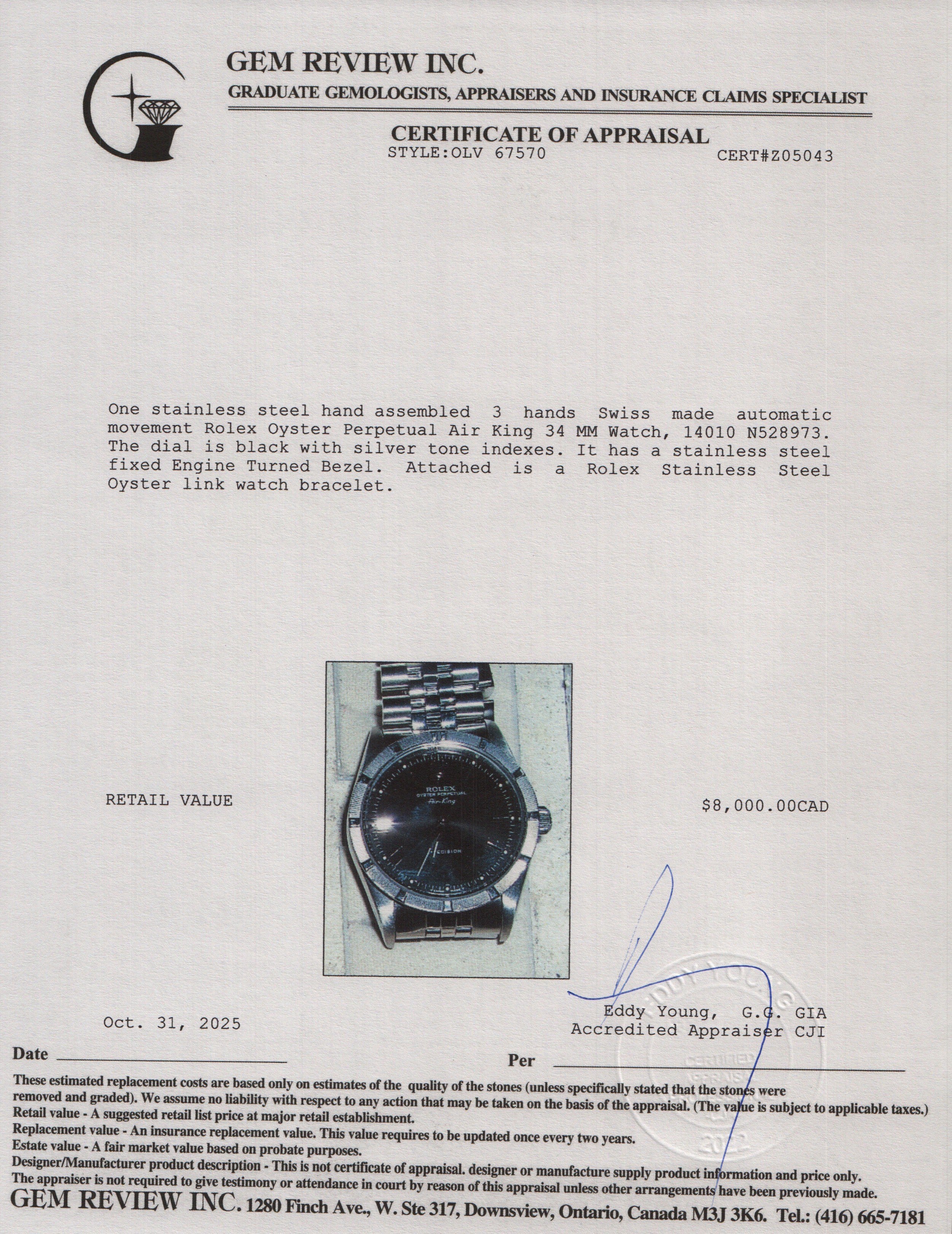 Rolex Stainless Steel Oyster Perpetual Engine Turned Bezel Air King 34 MM Watch Black Dial 14010