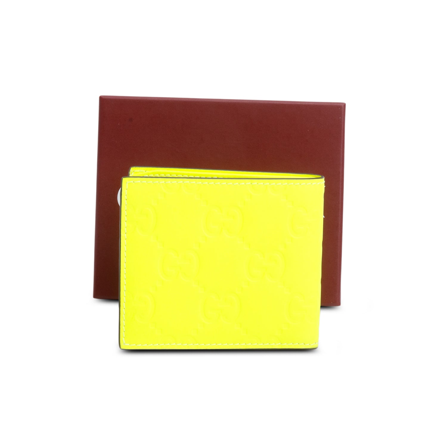 Gucci Neon Green Embossed Smooth Leather GG Emblem Bi-Fold Wallet w/ Box