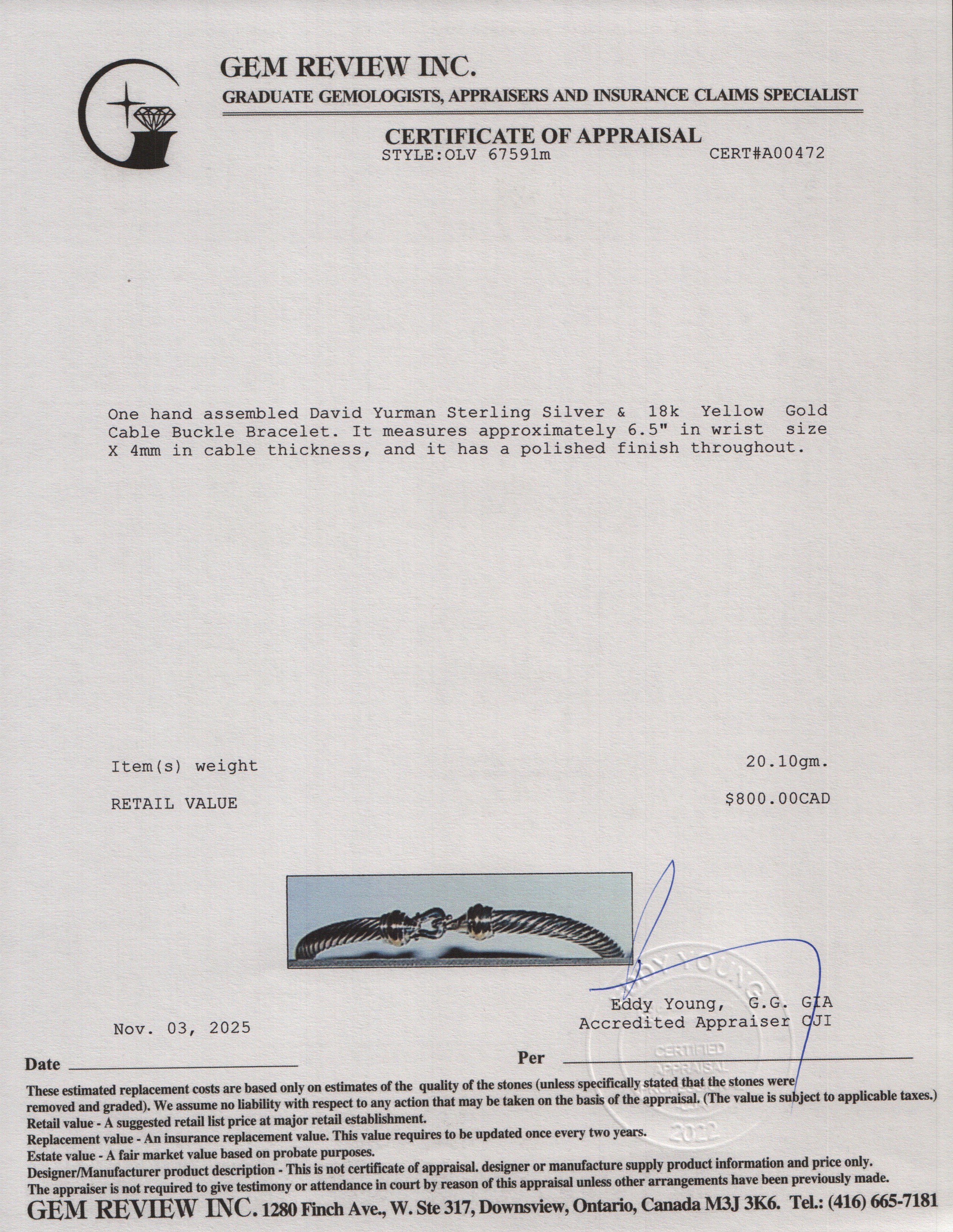 David Yurman Sterling Silver & 18k Yellow Gold 4 MM Cable Buckle Bracelet