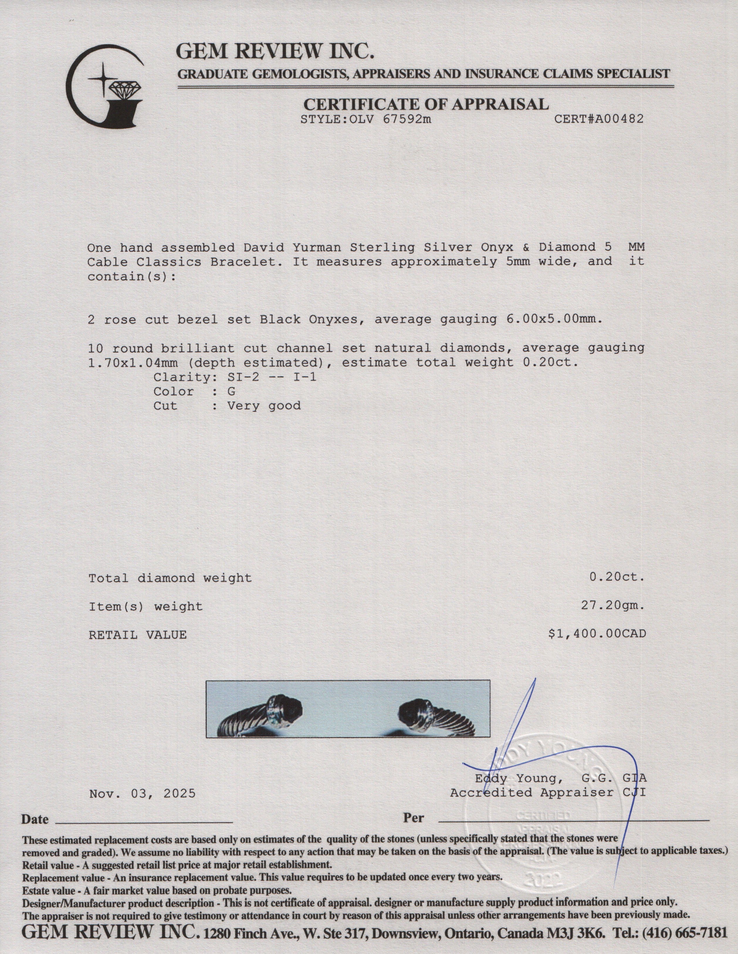 David Yurman Sterling Silver Onyx & Diamond 5 MM Cable Classics Bracelet w/ Box