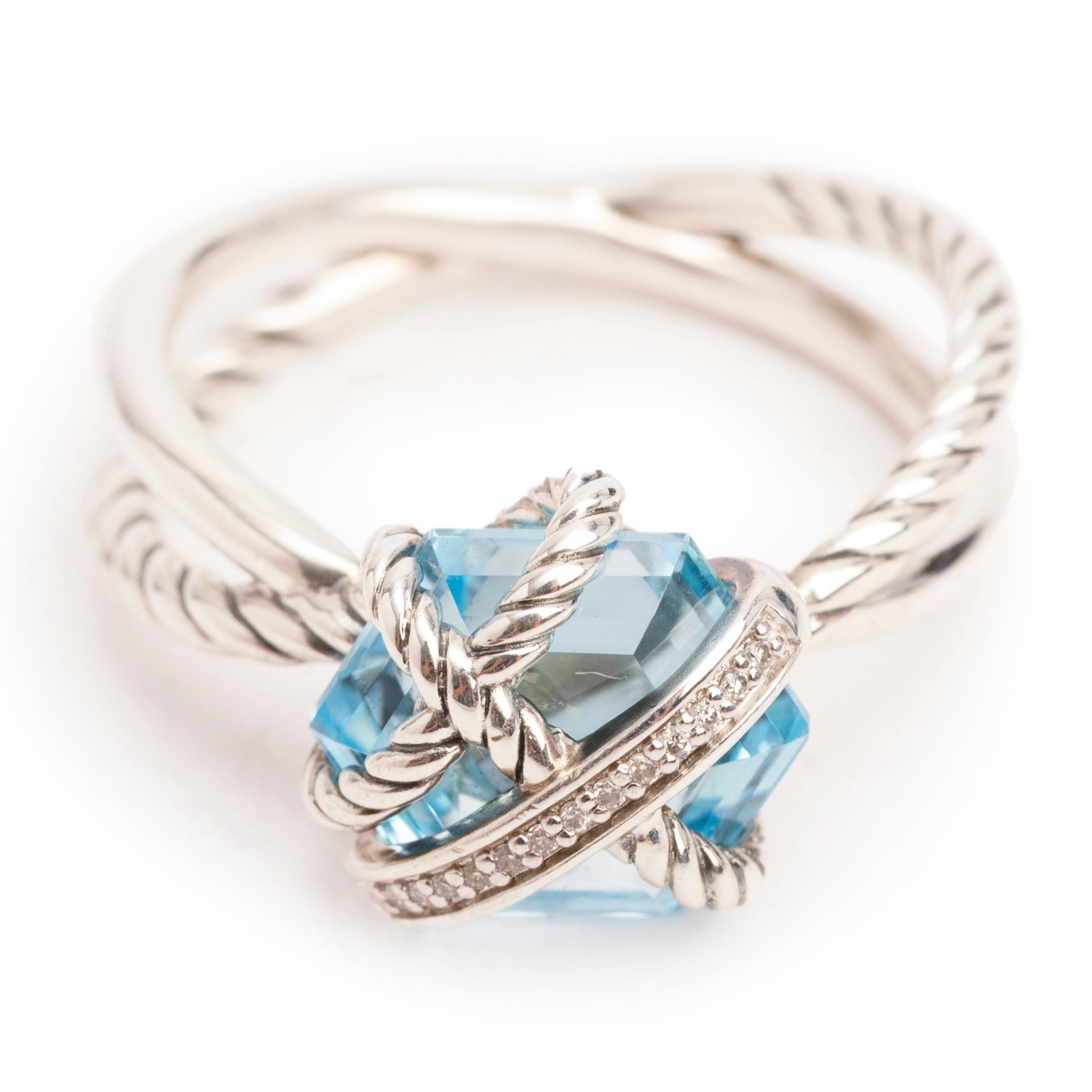 David Yurman Sterling Silver Topaz & Diamond Cable Wrap Ring 11 MM, Size 7.75