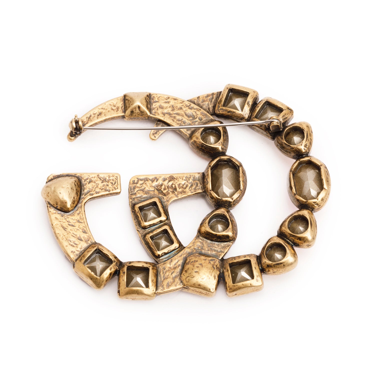 Gucci Gold Plated Metal Crystal Double G Pin Brooch