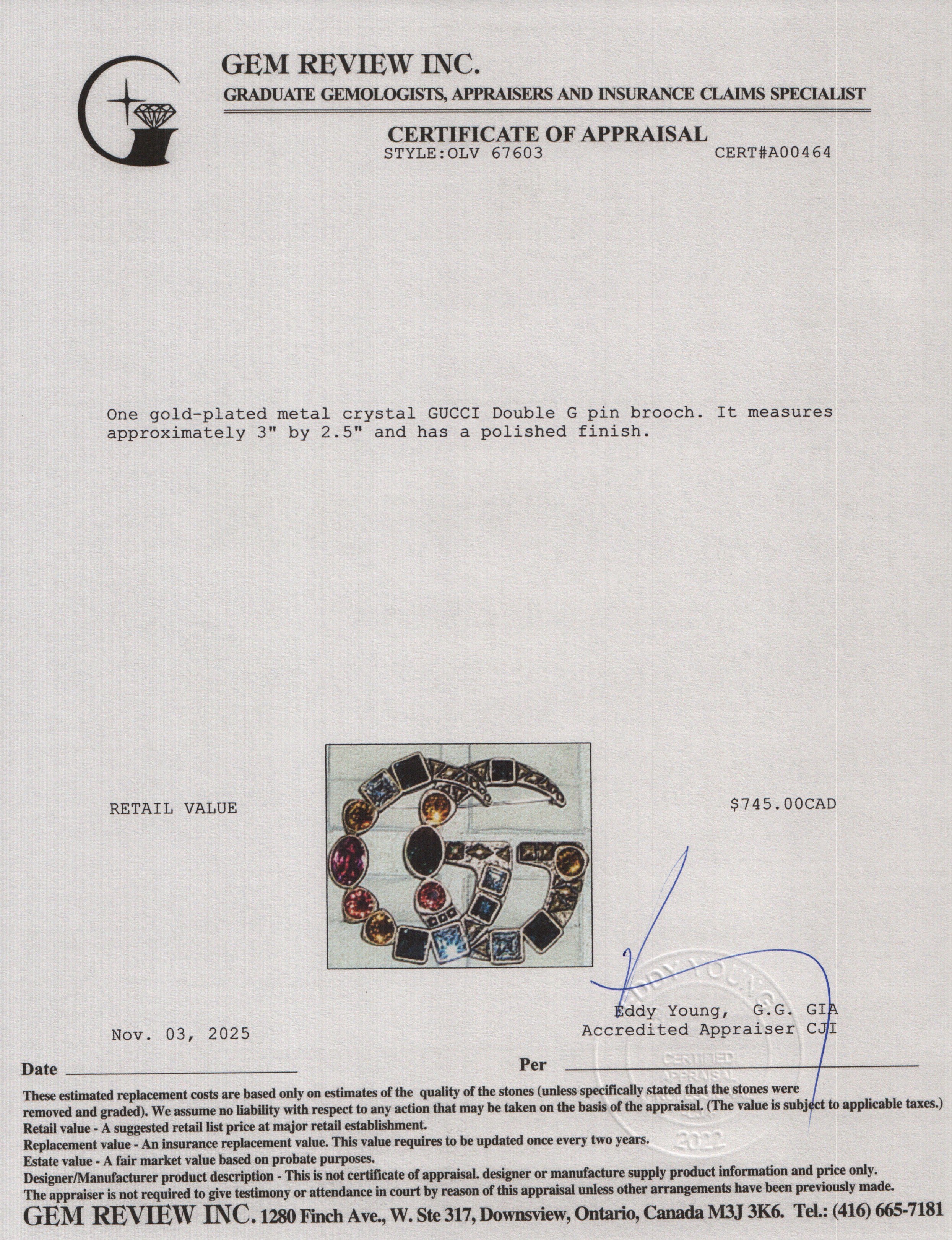 Gucci Gold Plated Metal Crystal Double G Pin Brooch