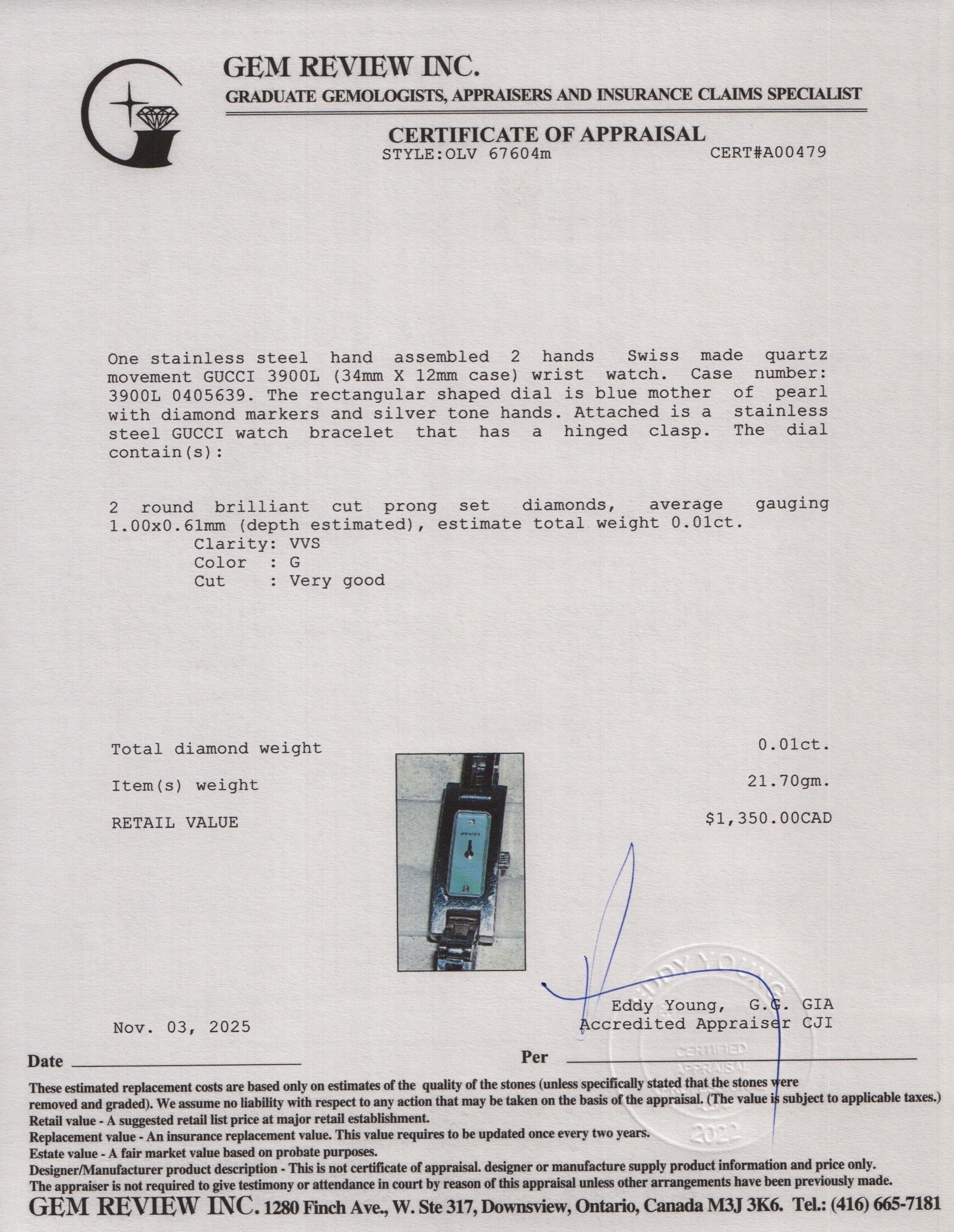 Gucci Stainless Steel 3900 Series Watch Diamond Blue Mother of Pearl Diamond Dial