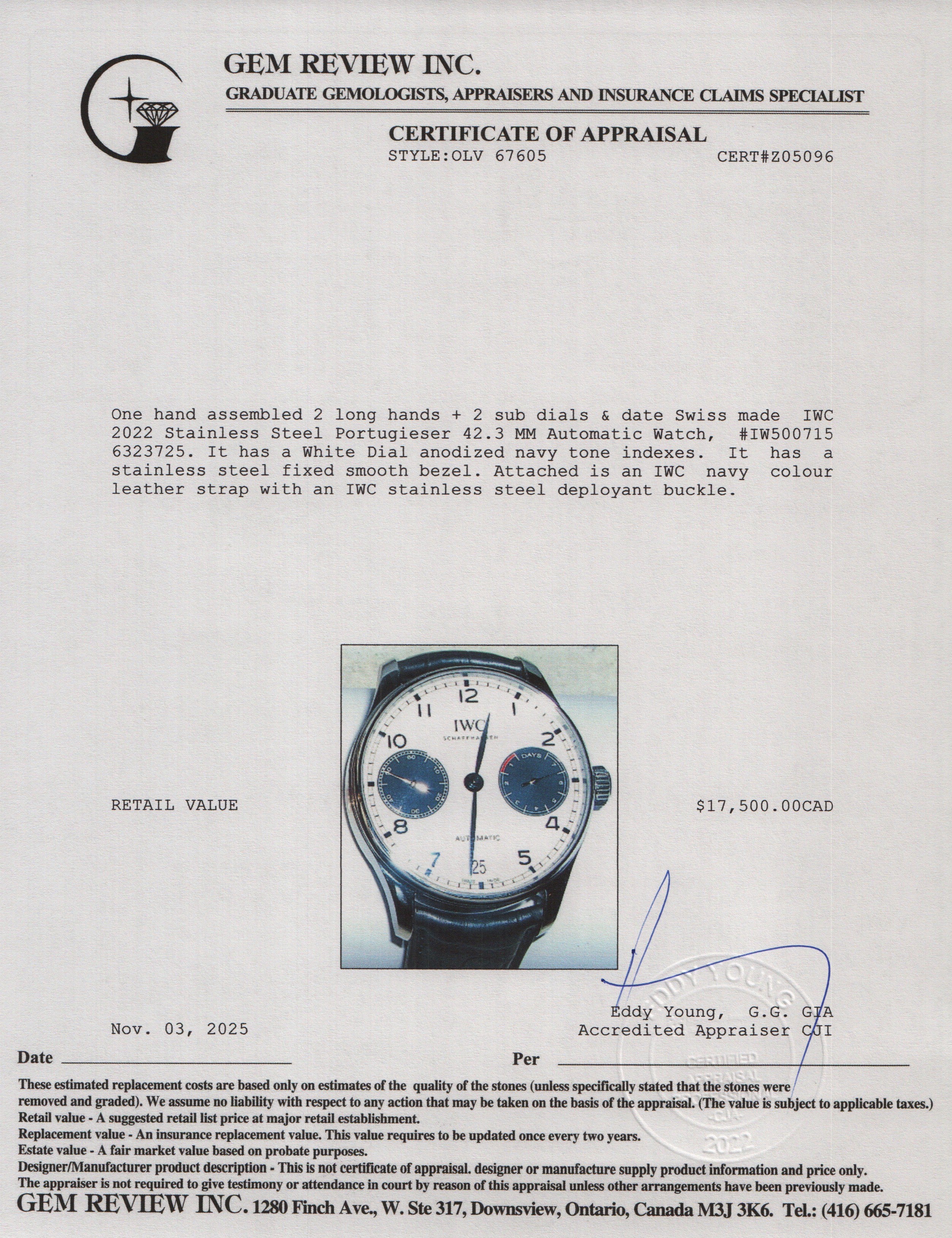 IWC 2022 Stainless Steel Portugieser 42.3 MM Automatic Watch White Dial IW500715 w/ Box & Papers