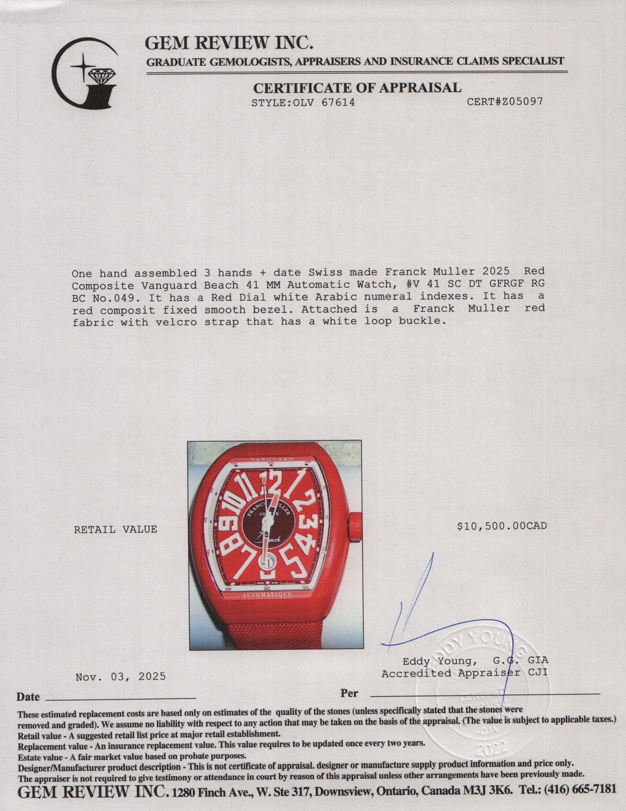 Franck Muller 2025 Red Composite Vanguard Beach 41 MM Automatic Watch w/ Box & Papers