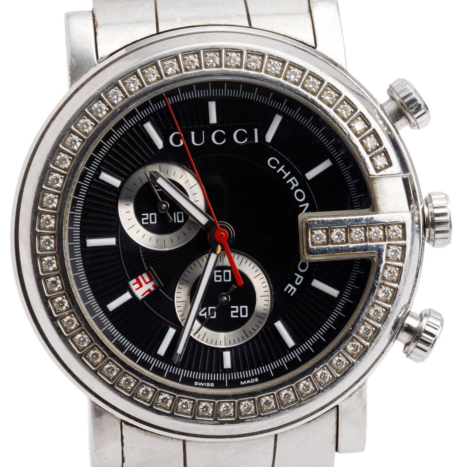 Gucci Staineless Steel Diamond Bezel G-Chrono 44MM Watch Black Dial
